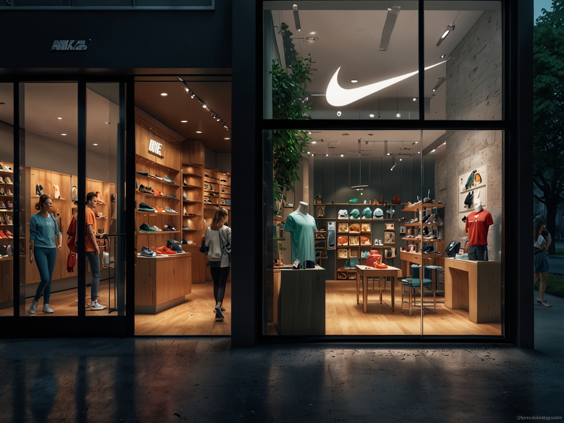 An illustration of a Nike store bustling with customers, showcasing various products, to depict consumer interest and spending trends in different regions, crucial for Nike's FQ4 evaluation.