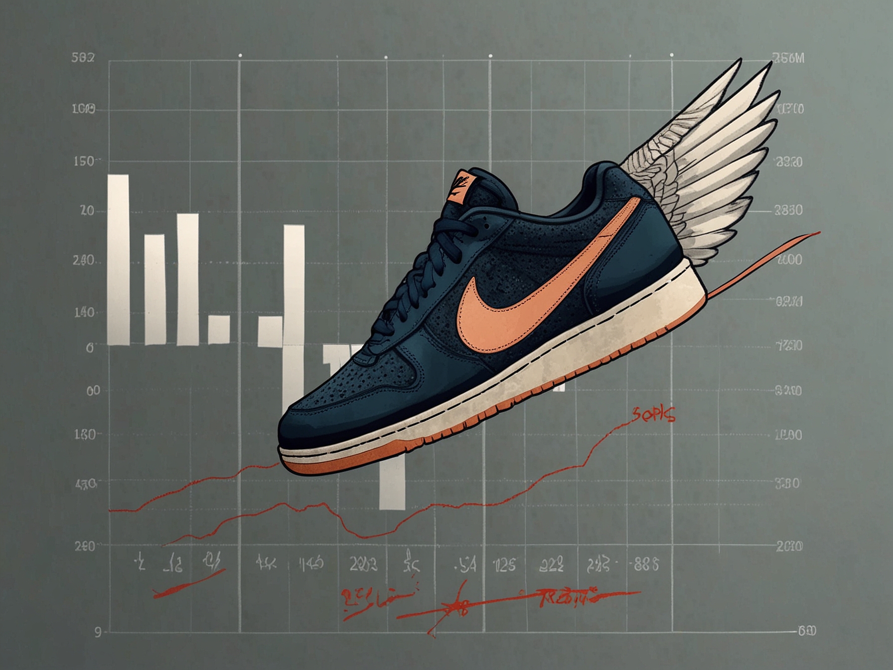 A digital sales chart with a Nike logo, highlighting the soaring online sales figures, indicative of Nike's successful direct-to-consumer strategy, which will be a focal point in the FQ4 results.