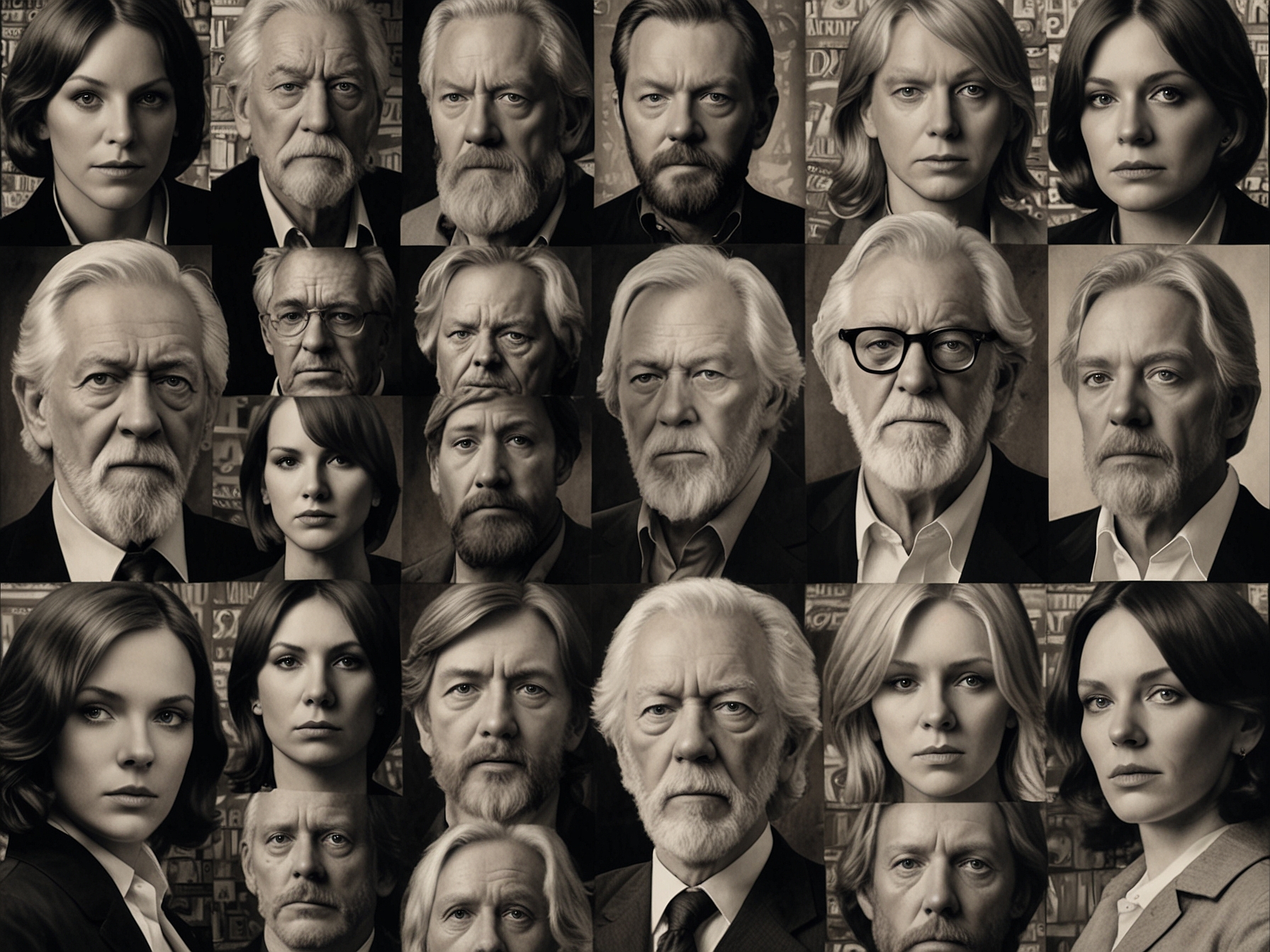 A collage featuring iconic roles of Donald Sutherland, including his standout performances in films like 'Klute', 'Ordinary People', and 'The Hunger Games'.