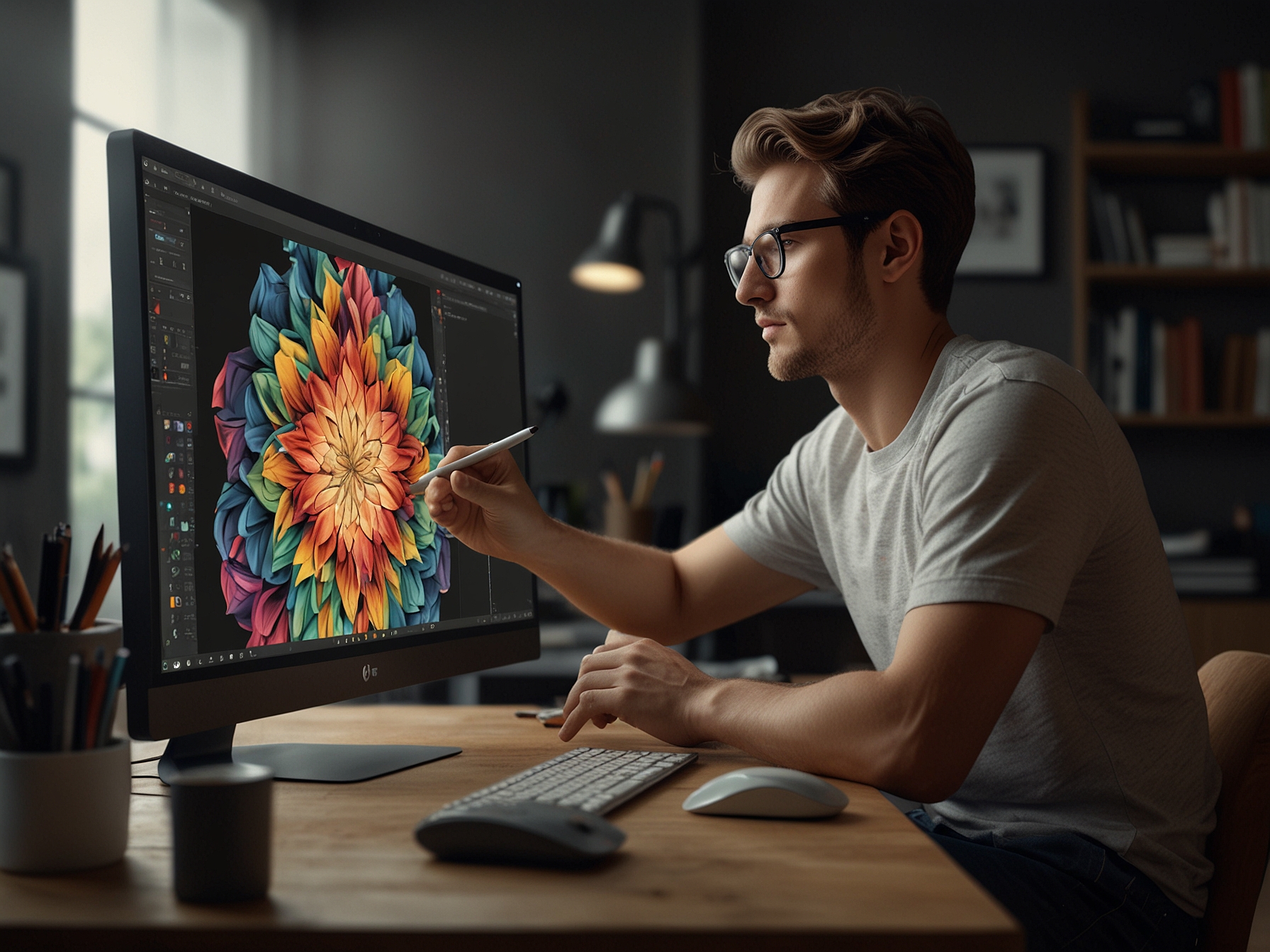 A graphic designer working on a high-resolution LG UltraFine 5K Display, showcasing its 5120 x 2880 resolution and color accuracy, ideal for editing and multimedia tasks.