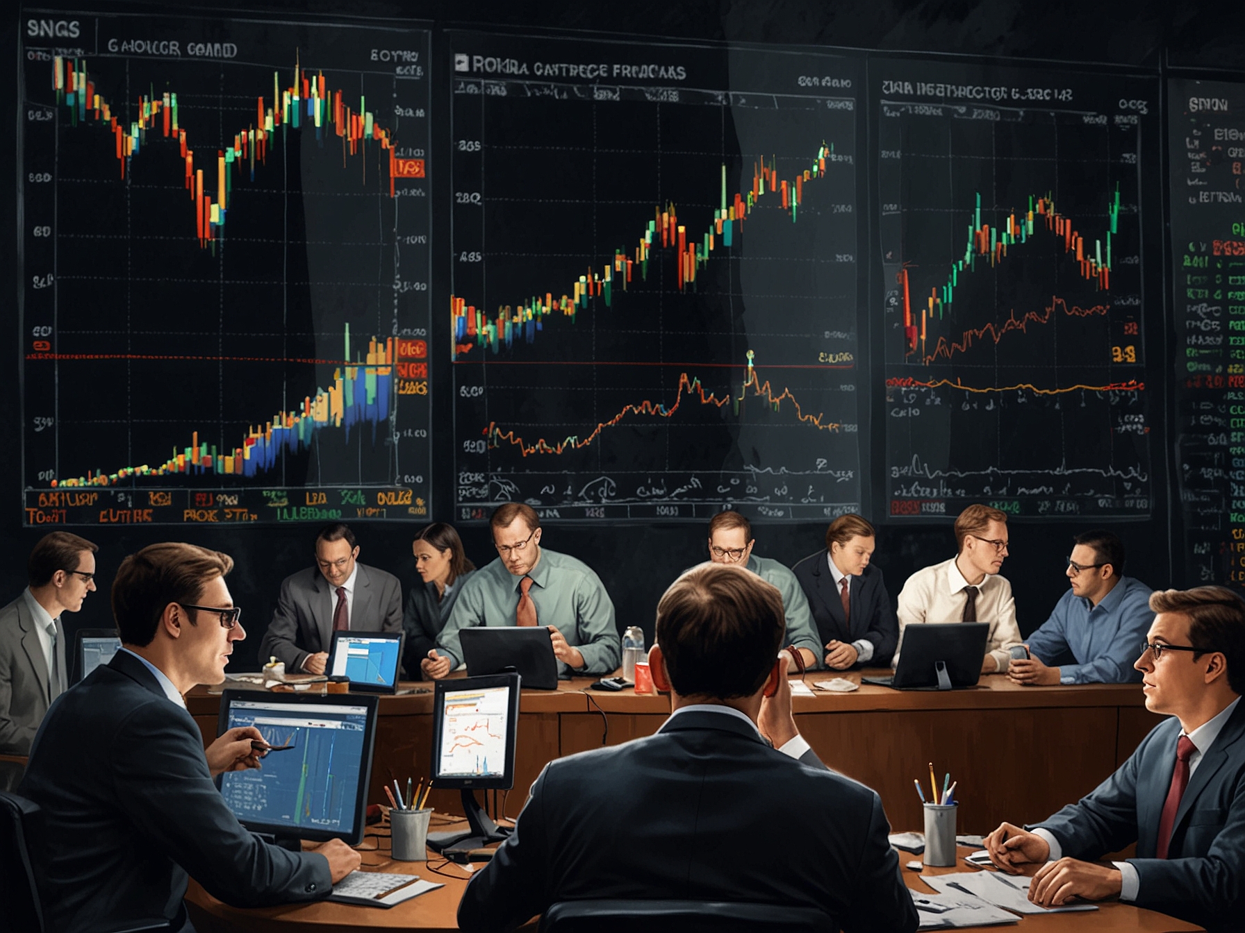 A depiction of investors and traders around a screen showing soaring stock prices, highlighting the role of speculative trading and herd behavior in forming a potential stock bubble.