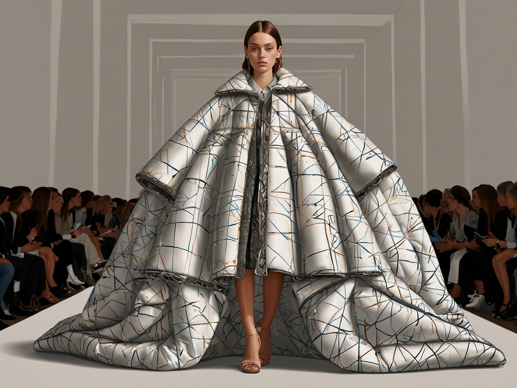 An oversized quilted silhouette inspired by a duvet cover from JW Anderson's Spring/Summer 2025 collection, showcasing the sleep-inspired theme at Milan Fashion Week.