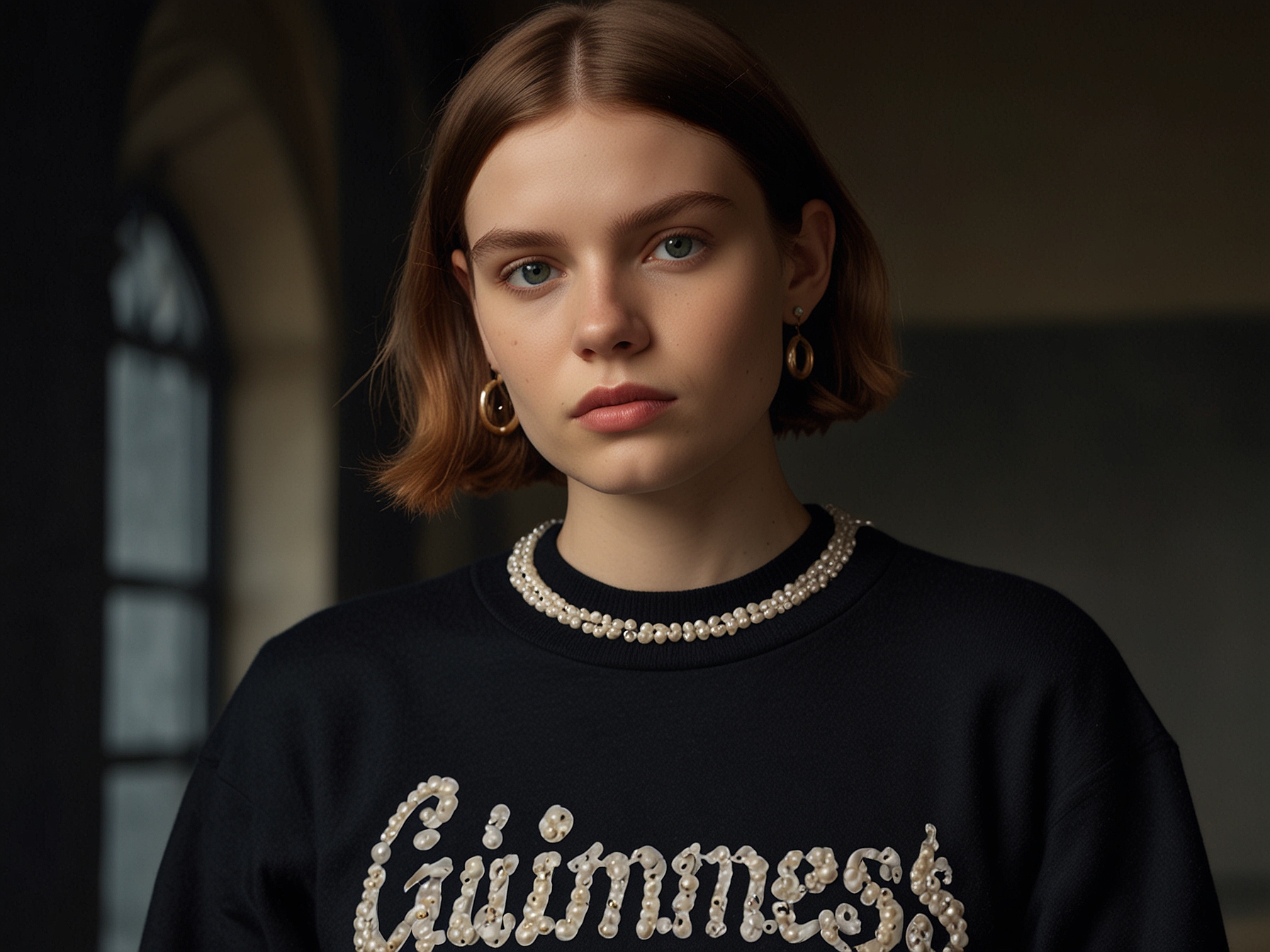 The pearled crewneck from the JW Anderson x Guinness collection, featuring elegant pearl lettering and archival Guinness graphics, exemplifying the collaboration's blend of high fashion and vintage charm.