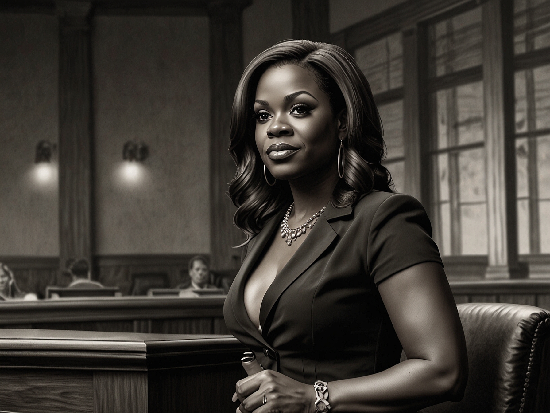 Kandi Burruss on the set of 'Reasonable Doubt', showcasing her transition from reality TV to acting in a dramatic courtroom scene. Burruss exudes confidence as she brings her character to life.