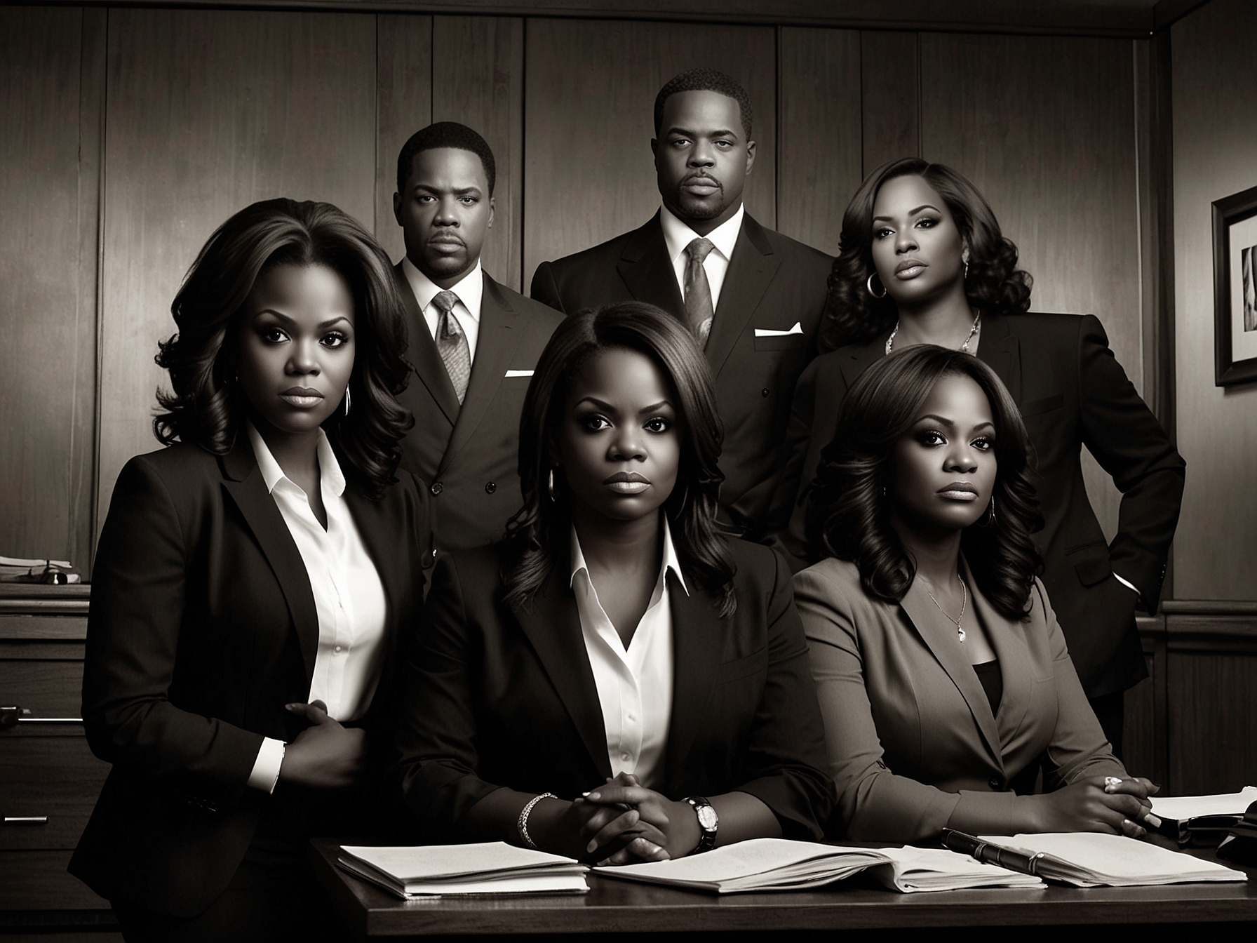 A promotional image for 'Reasonable Doubt' season 2 featuring Kandi Burruss alongside other cast members. The intense expressions hint at the series' compelling and dramatic legal battles.