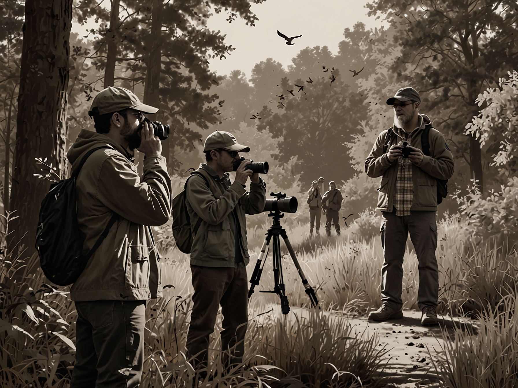 A diverse group of bird-watchers, equipped with binoculars and bird guides, scattered in Cottage Grove Ravine Regional Park, actively engaged in spotting various bird species early in the morning.