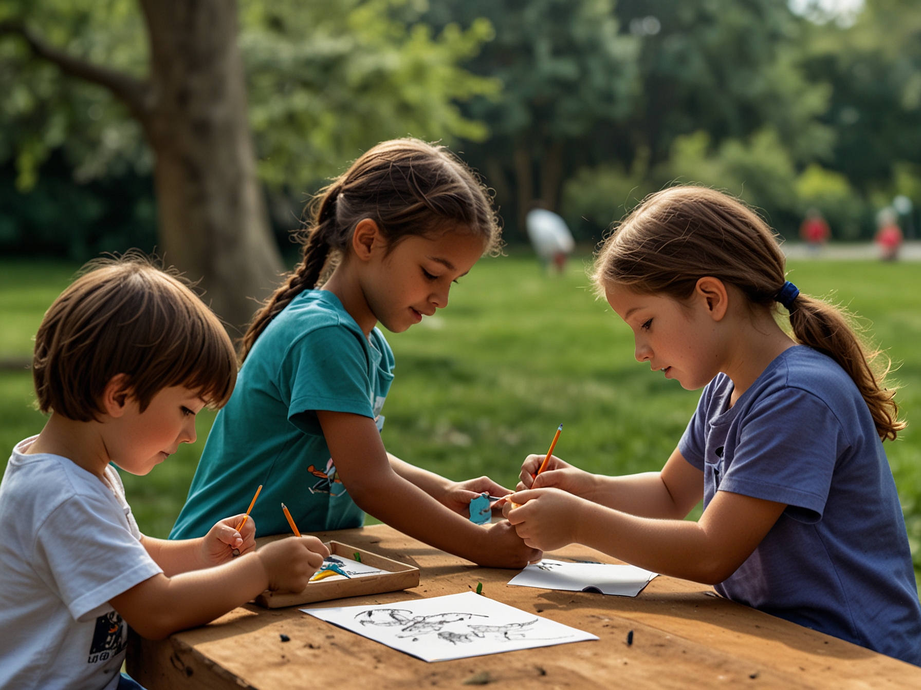 Children participating in a hands-on workshop at 'Flock Together,' creating bird-themed crafts while learning about local avian species. The activity station is outdoors with a backdrop of lush park scenery.