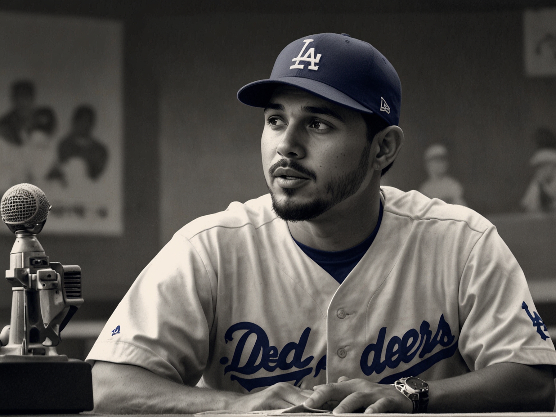 Image of Dodgers General Manager Brandon Gomes addressing the media, emphasizing the team's depth and resilience despite injuries to key players Mookie Betts and Yoshinobu Yamamoto.