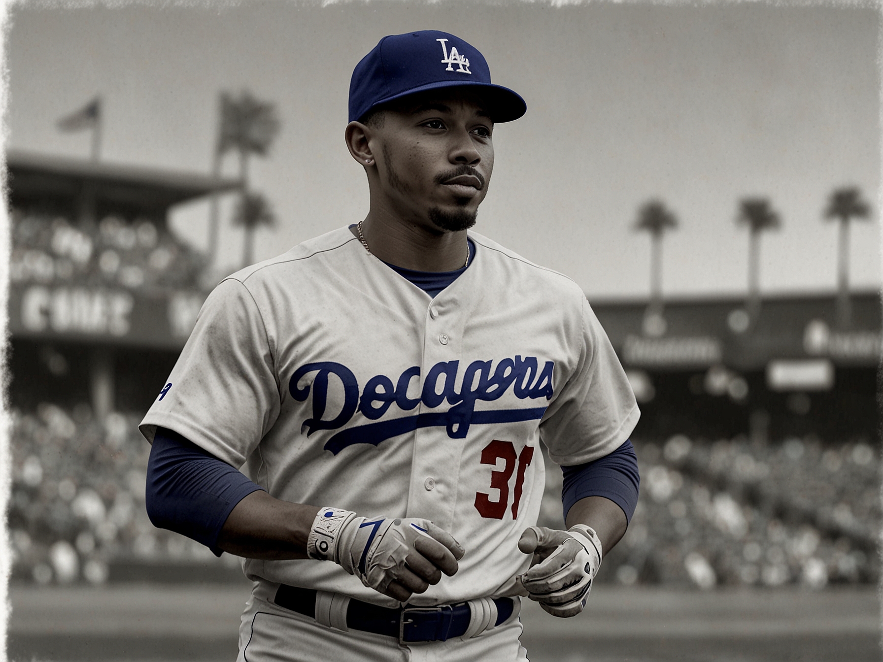 Photo of Mookie Betts on the field in a Dodgers uniform, illustrating his crucial role in the team and the impact of his temporary absence due to injury.