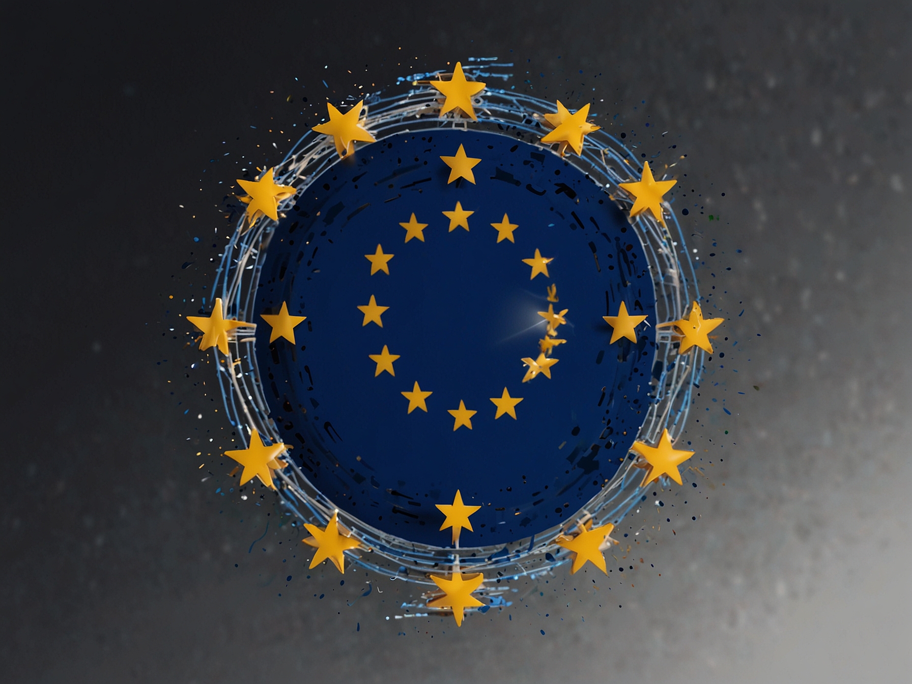 A graphic illustrating the EU flag intertwined with digital data streams, representing the impact of GDPR and tech regulations on AI advancements.