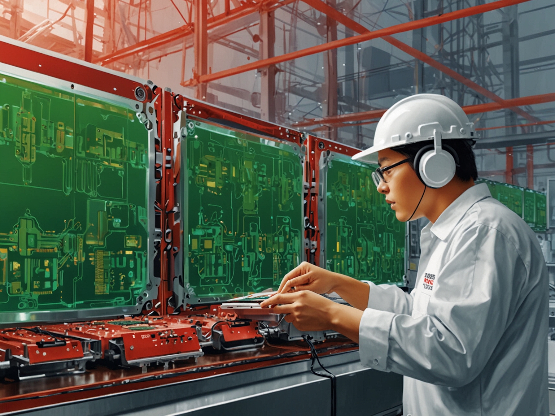 Depiction of TSMC engineers working with new rectangular chip substrates, highlighting their significance for future AI applications, emphasizing increased transistor count and improved thermal management.