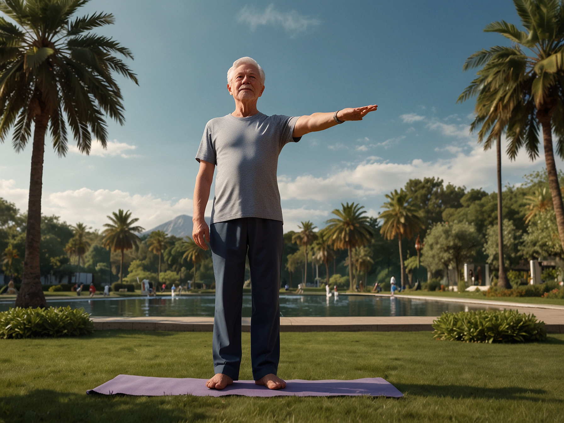An elderly person practicing Tadasana (Mountain Pose) in a serene park, embodying strength, balance, and focus, illustrating the benefits of this gentle yoga pose for seniors.
