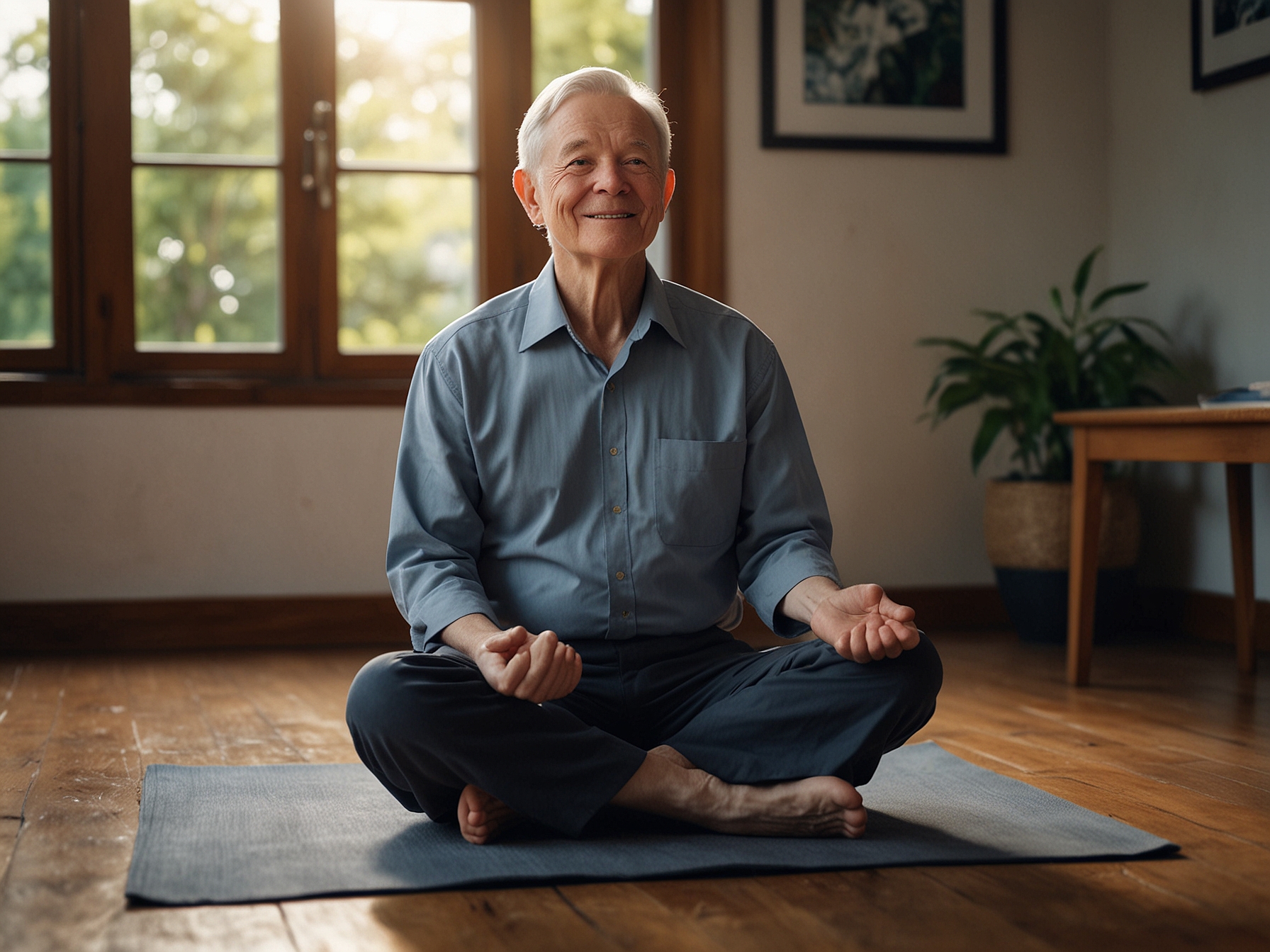 A senior comfortably seated in Sukhasana (Easy Pose) on a yoga mat, emphasizing relaxation and meditation, showcasing how yoga can help alleviate stress and improve mental clarity.