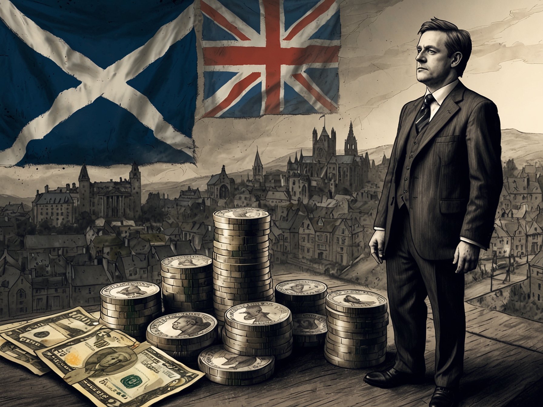 A graphical representation showing the potential financial challenges and benefits of Scottish independence, including new governmental institutions, trade agreements, and economic policy decisions.