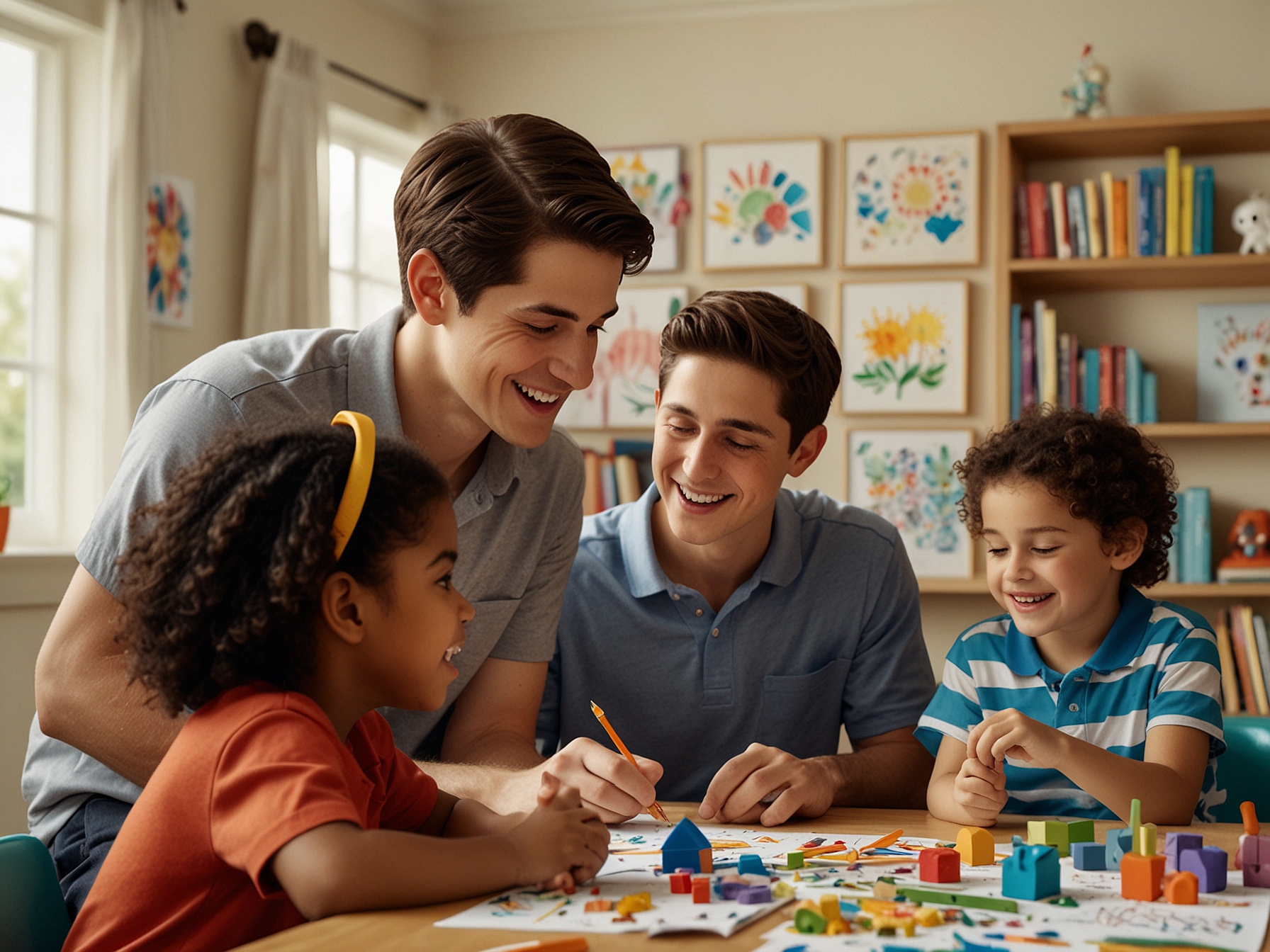 A vibrant scene showcasing Learning Resources' diverse range of educational toys, emphasizing inclusivity and hands-on learning, with David Henrie and his children interacting joyfully.