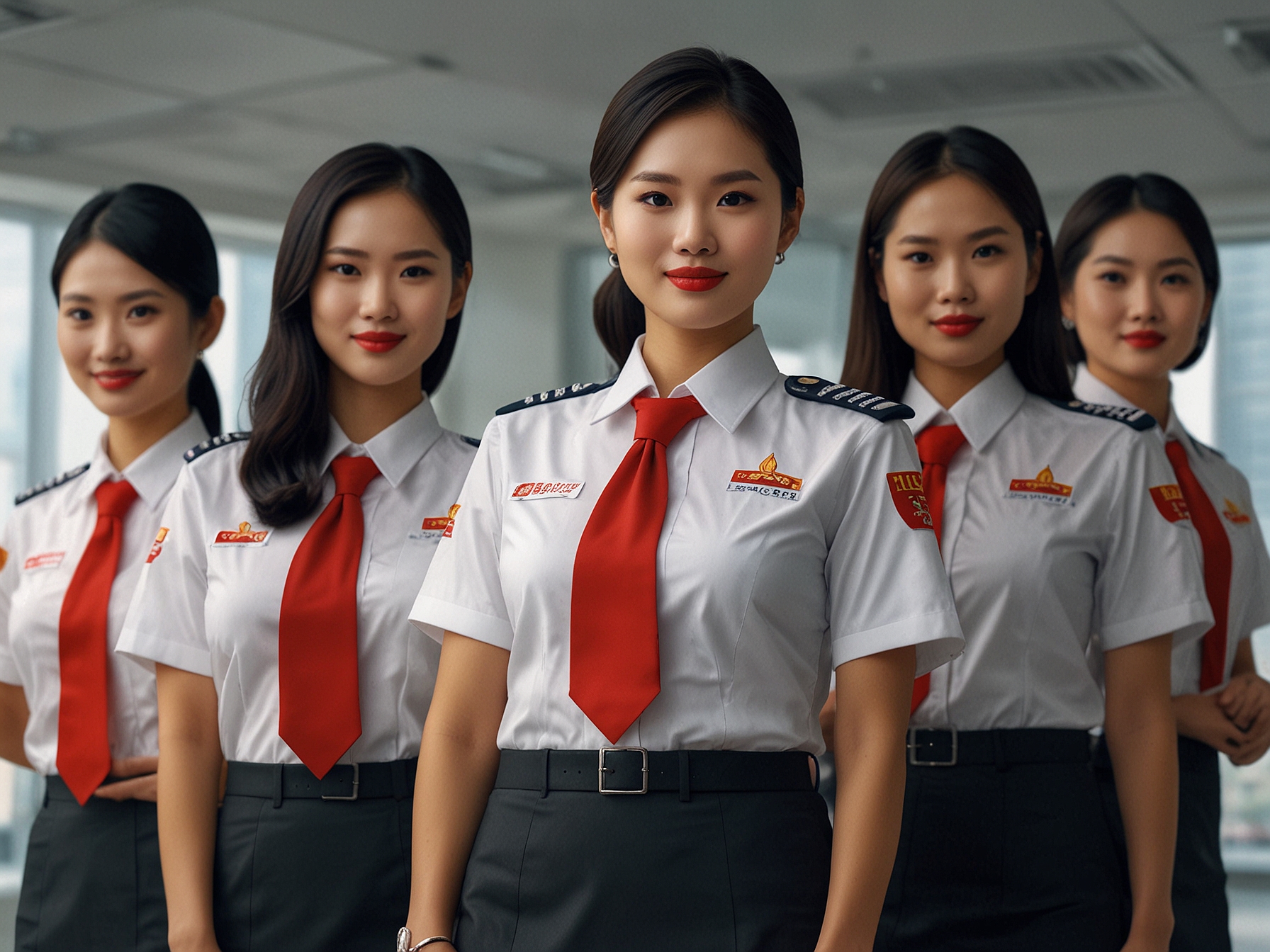 A group of newly recruited Thai flight attendants posing in uniform at Hong Kong Airlines' training center, showcasing their readiness to enhance the airline's service standards.