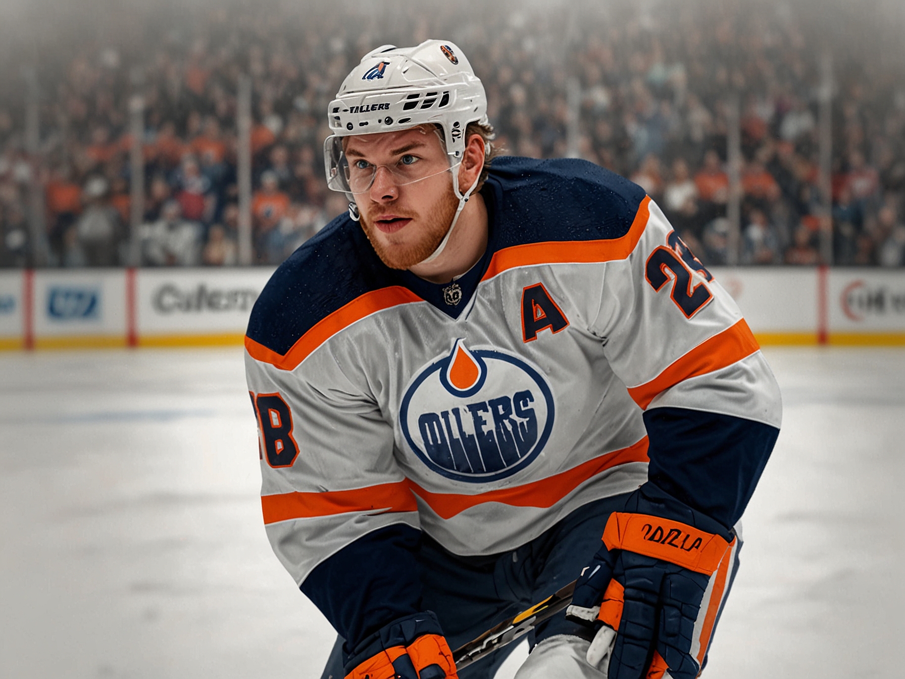 Connor McDavid in action during a high-stakes playoff game, showcasing his exceptional skill and leadership as he drives the Edmonton Oilers closer to a Stanley Cup Finals appearance.
