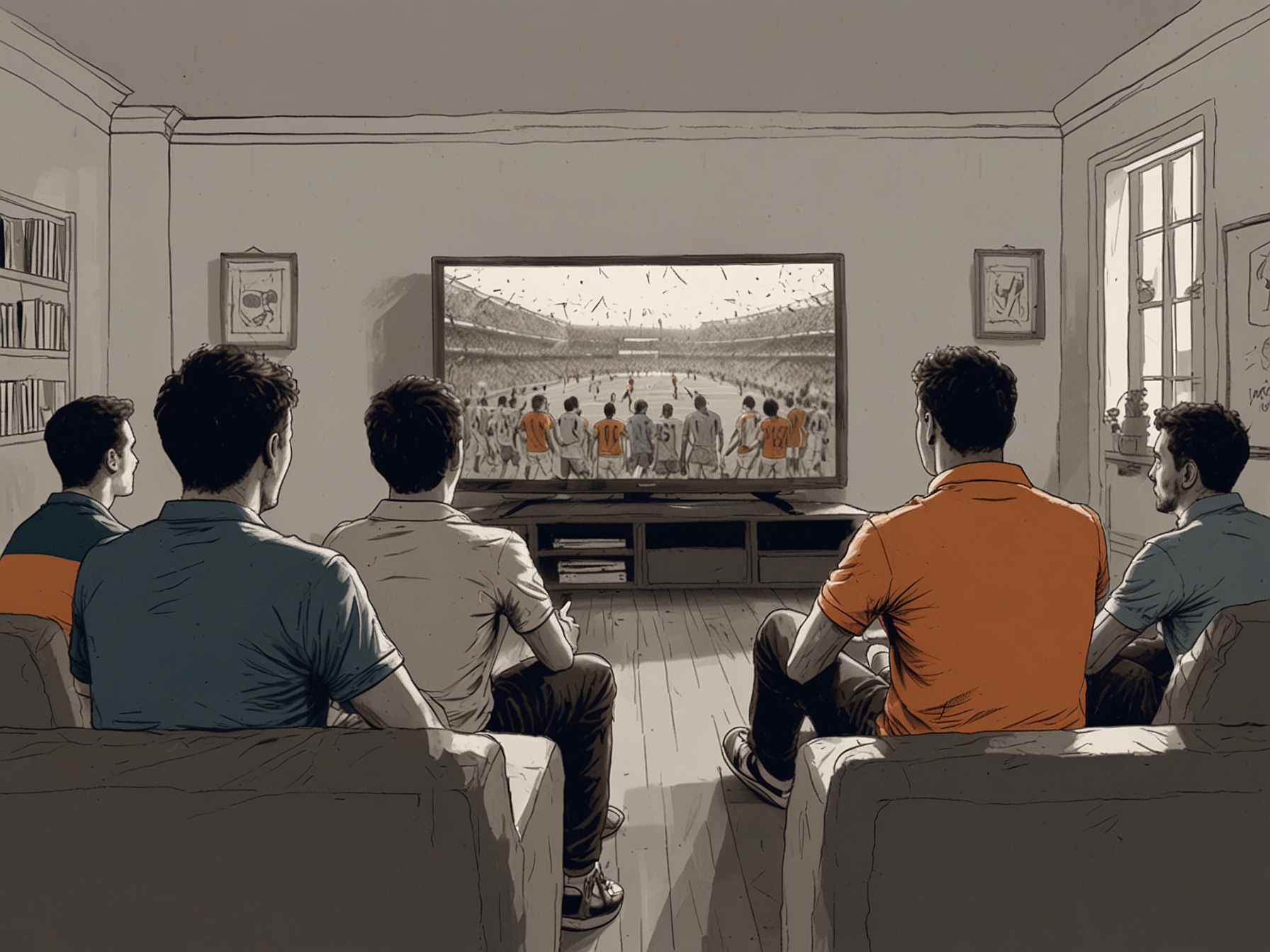 A scene showing a group of diverse football fans gathered around a television, intently watching the match between Netherlands and France, capturing the excitement and anticipation.