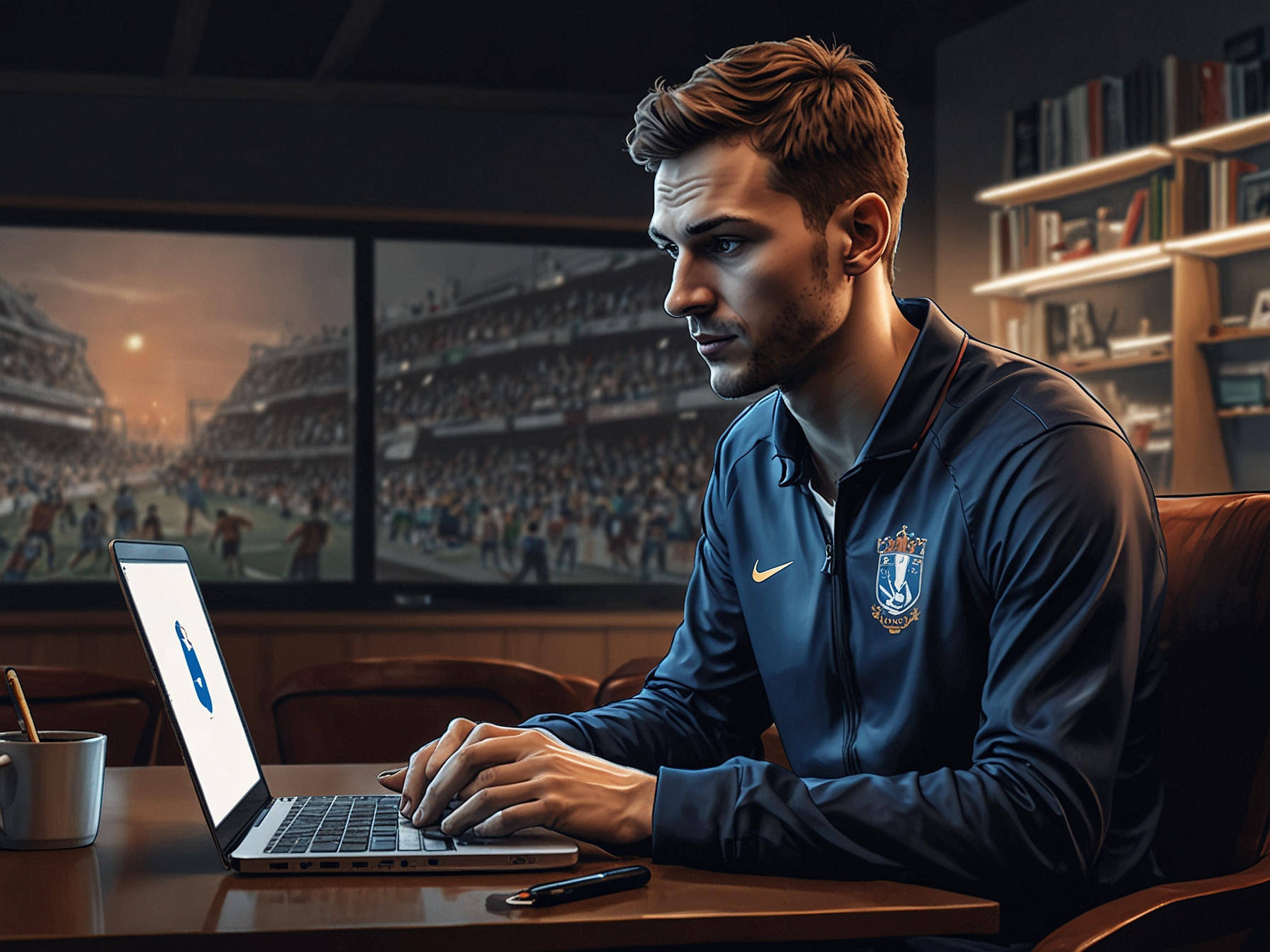 Illustration of a person using a laptop to stream the Netherlands vs France game, utilizing a VPN service to bypass geographical restrictions and access the match online.