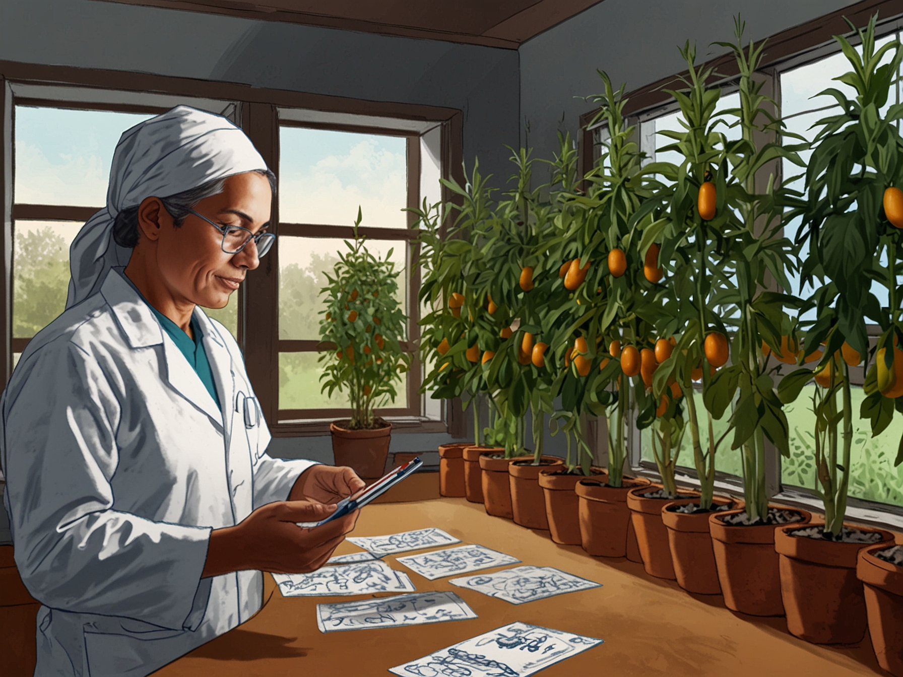 An illustration showcasing potential applications of seekRNA in medicine, agriculture, and biotechnology, emphasizing enhanced crop traits and personalized gene therapies.