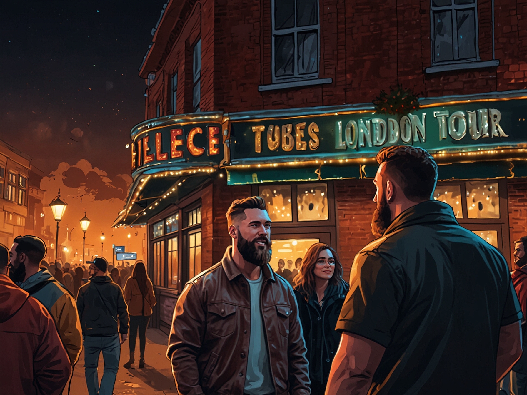 Travis Kelce, Jason Kelce, and Ed Kelce mingling with fans outside the London Eras Tour concert venue, showcasing the excitement and vibrant atmosphere surrounding the event.