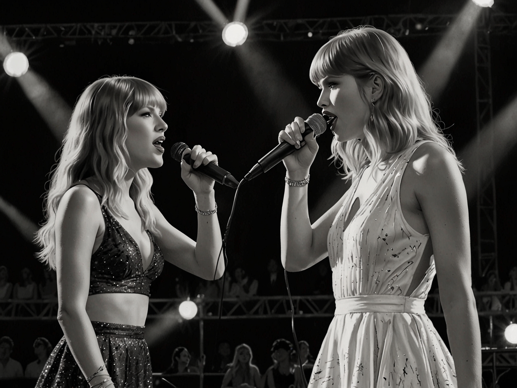 Gracie Abrams and Taylor Swift performing together on stage during the 'Eras Tour,' with Abrams showcasing her emotive vocals alongside Swift's harmonies.