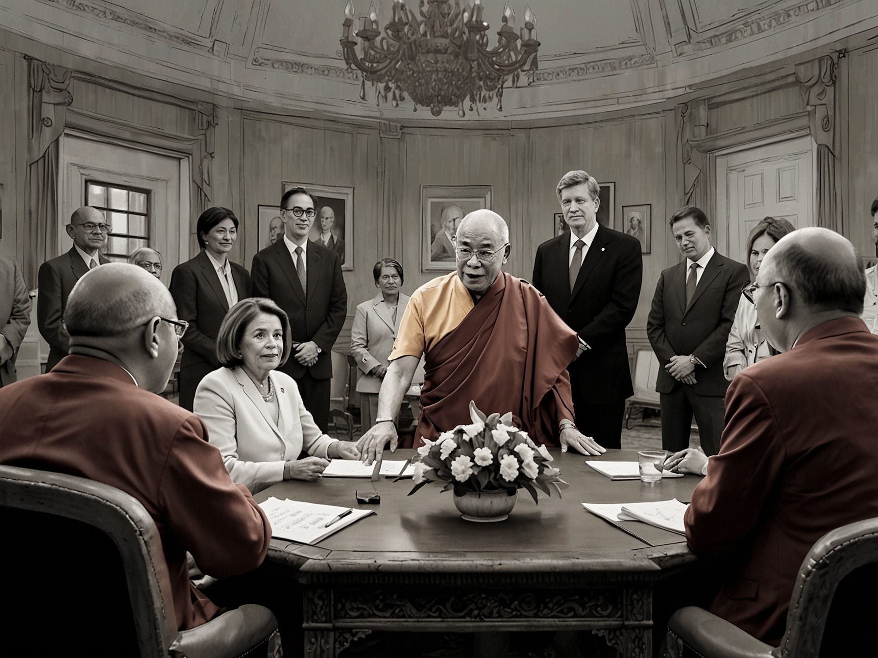 Nancy Pelosi with the Congressional delegation and the Dalai Lama in India, highlighting their discussion on human rights and US support for Tibetan autonomy amid geopolitical tensions.