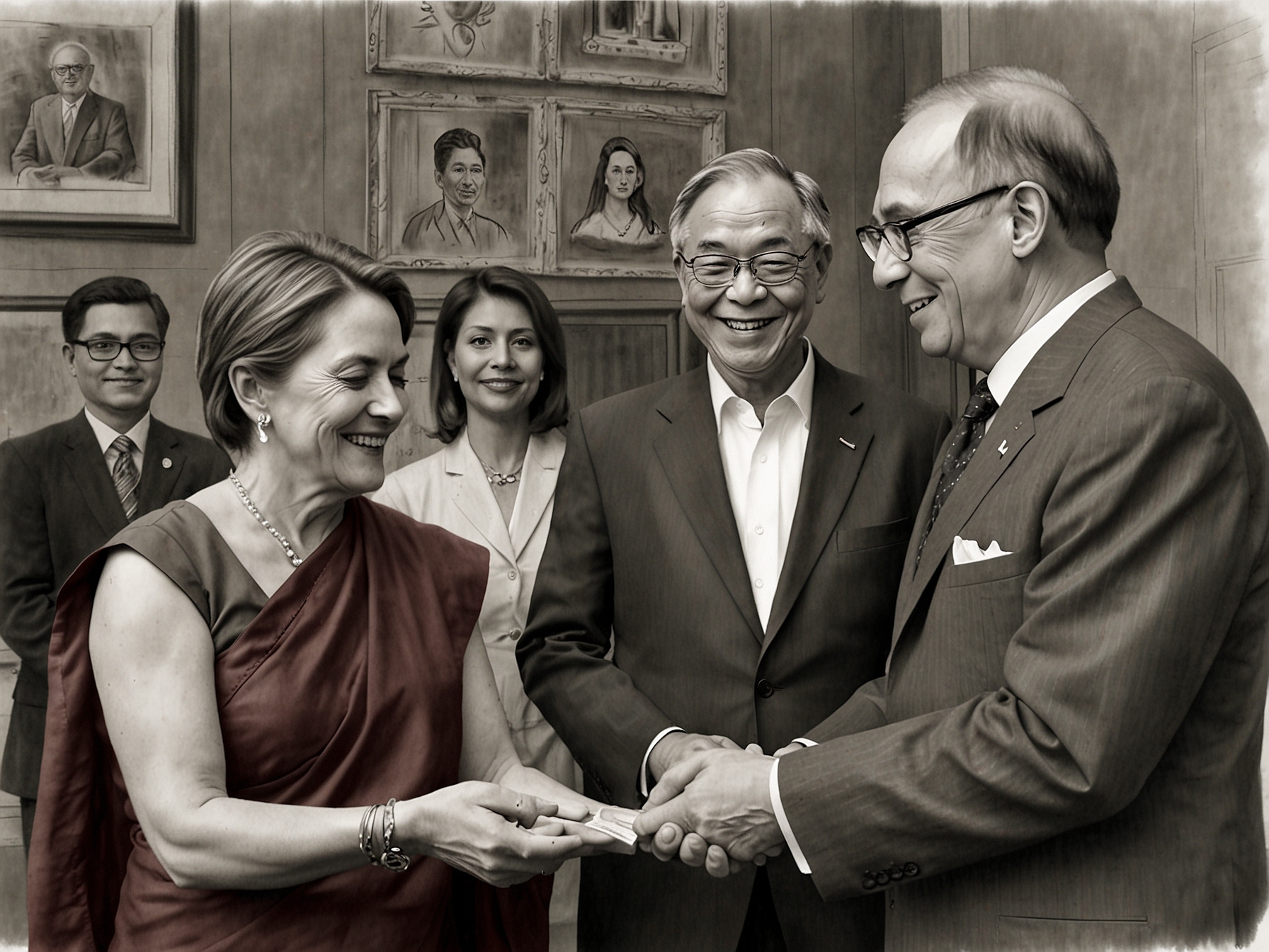 The Dalai Lama meeting with Nancy Pelosi and US delegation members in India, symbolizing strong US-India relations and shared values of democracy and religious freedom.
