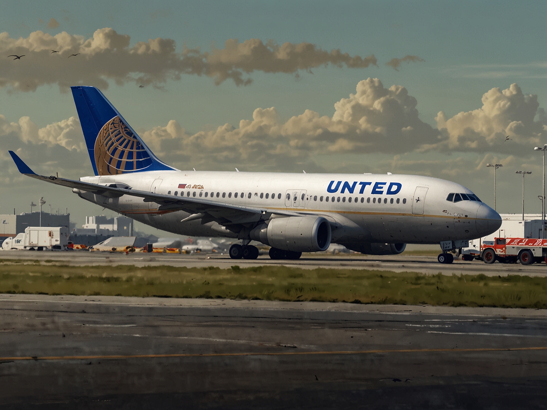 A United Airlines aircraft on the runway, surrounded by emergency vehicles, shortly after an unexpected return due to the loss of an engine liner piece mid-flight.