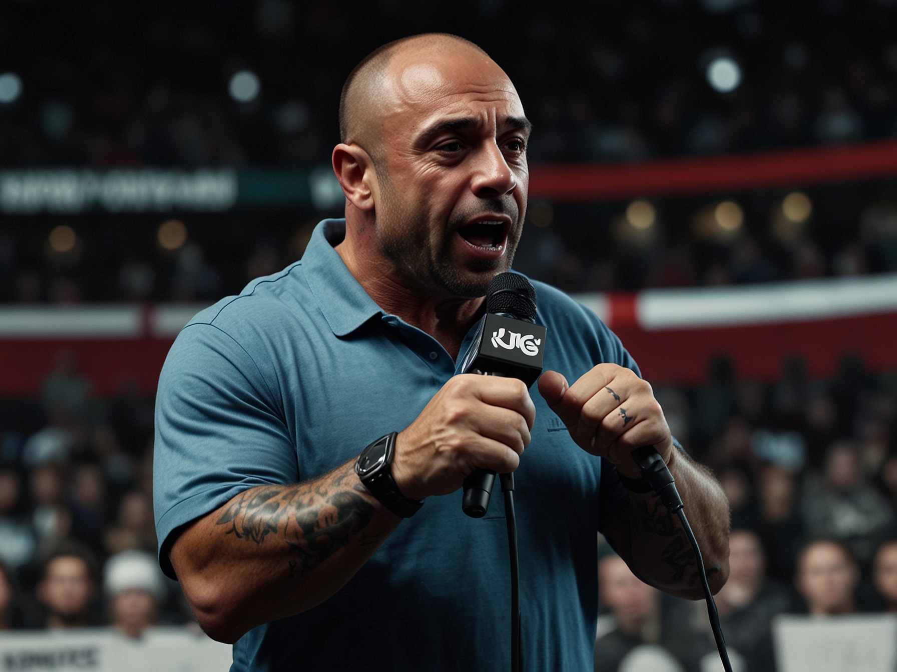 Joe Rogan speaking passionately on his podcast, 'The Joe Rogan Experience', emphasizing the financial struggles and unfair treatment of Olympic athletes in regards to compensation.