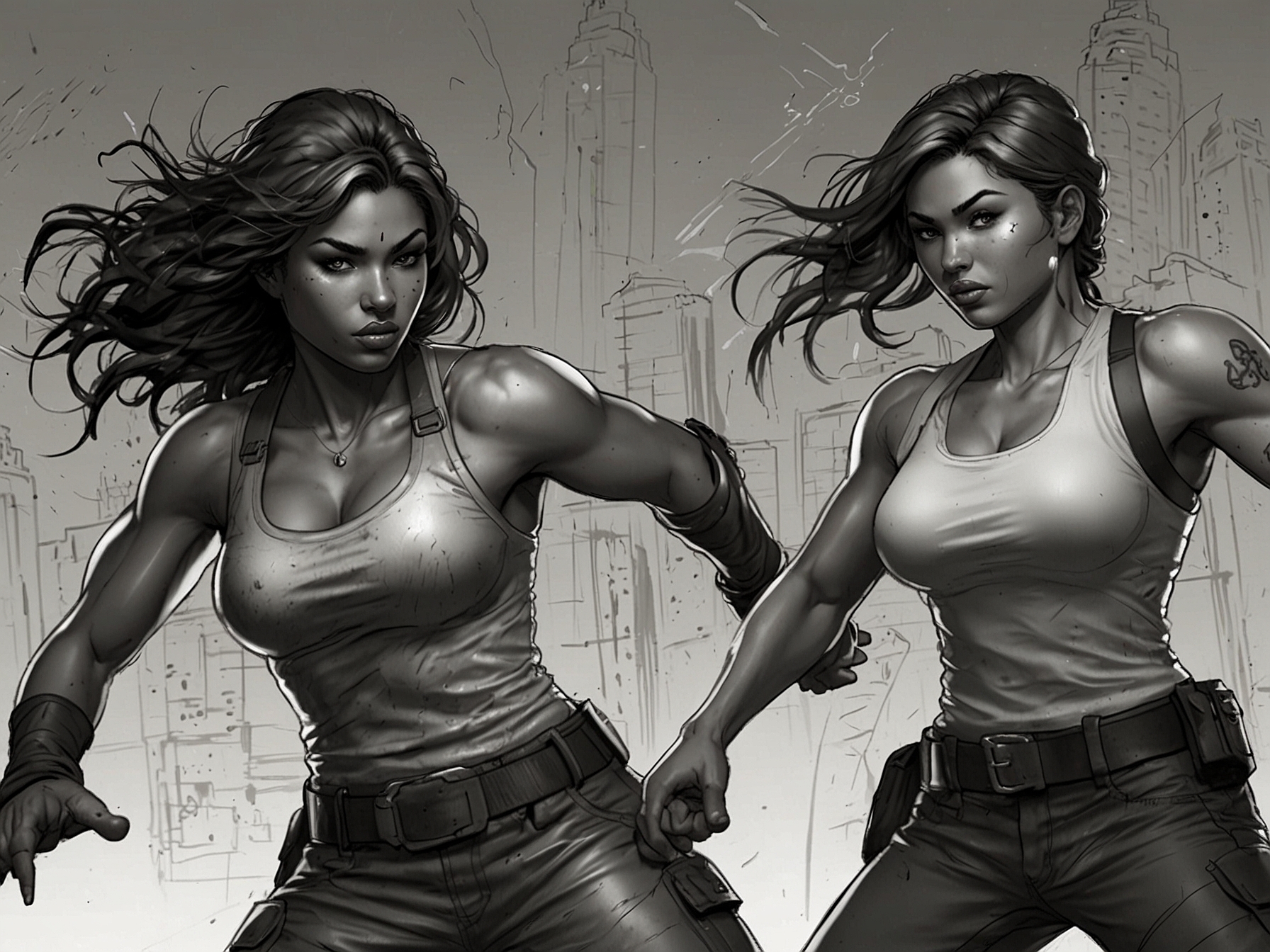An illustration of four diverse characters from Fighting Force, showcasing their unique abilities and fighting styles, ready to take on waves of enemies in a 3D urban environment.