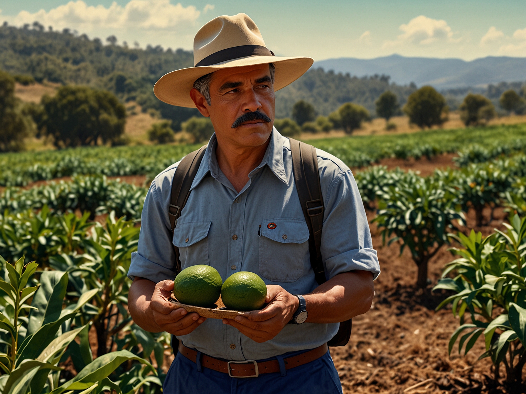 A US agricultural inspector examines avocados in a field in Michoacan, Mexico, highlighting the region's significance in producing avocados for export to the United States.