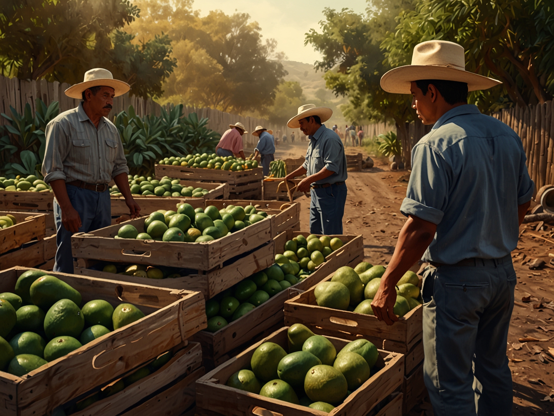 Local Mexican farmers in Michoacan arrange crates of avocados and mangoes, facing uncertainty and economic challenges following the suspension of US inspections due to security threats.