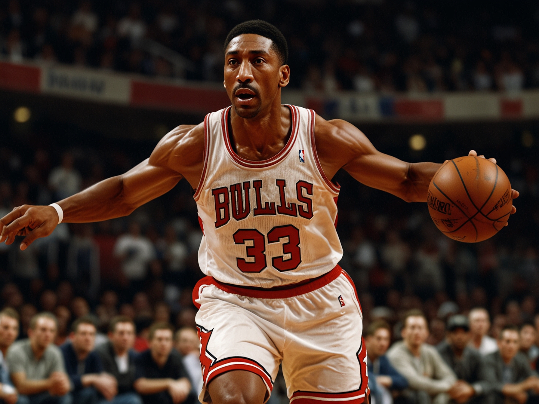 Image of Scottie Pippen showcasing his defensive prowess on the basketball court, highlighting his All-Defensive First Team selections and his role in leading the Chicago Bulls to six NBA championships.