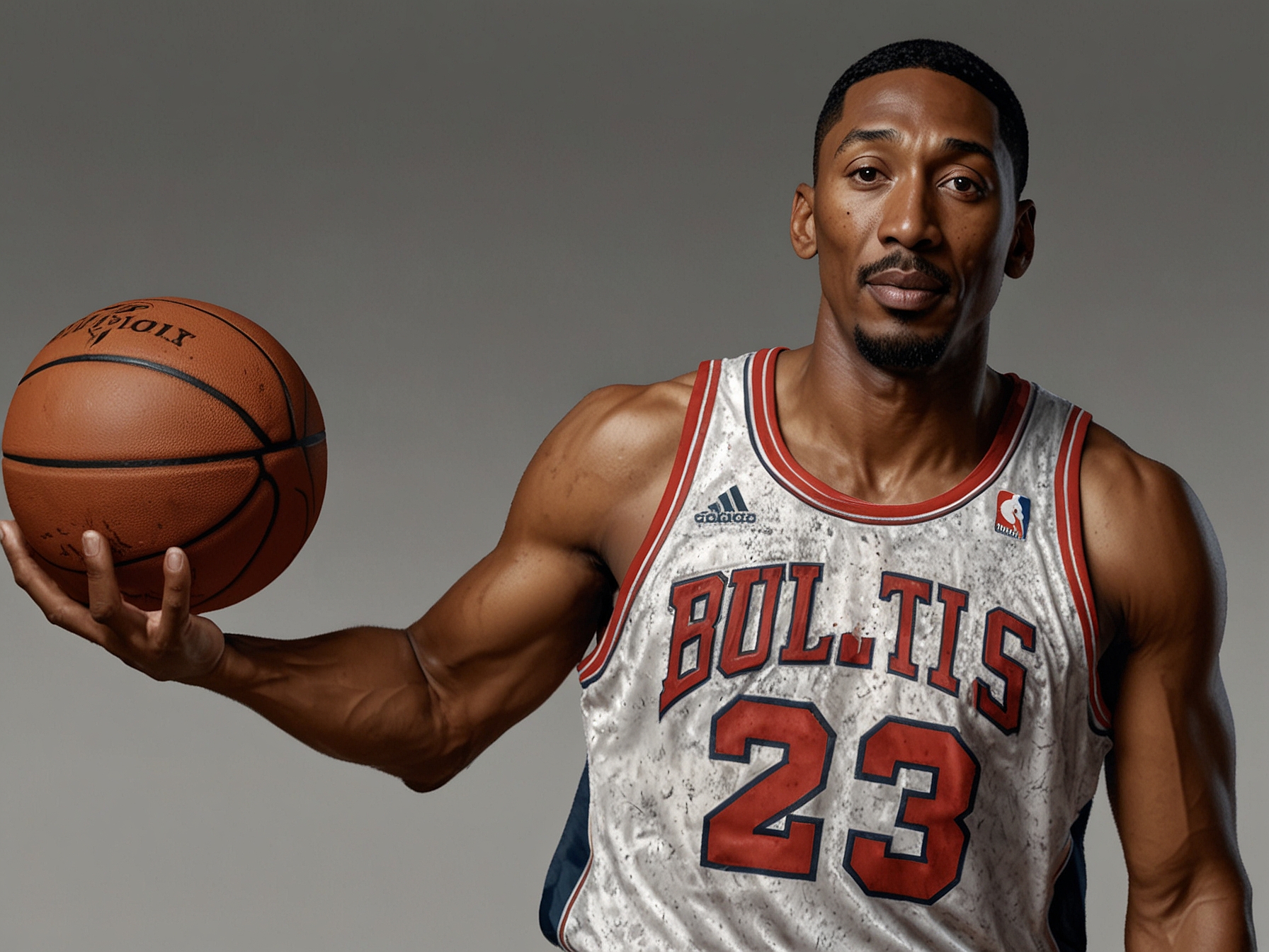 A portrait of Scottie Pippen holding a basketball, emphasizing his versatile skills, leadership, and accomplishments, including his MVP performance in the 1994 NBA All-Star Game and his induction into the Basketball Hall of Fame.