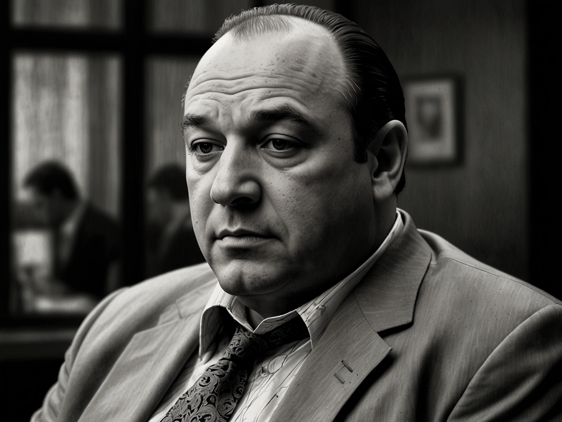 Image of Tony Soprano, played by James Gandolfini, in his iconic mob boss role. The scene captures his complex character, embodying both his criminal activities and personal struggles.