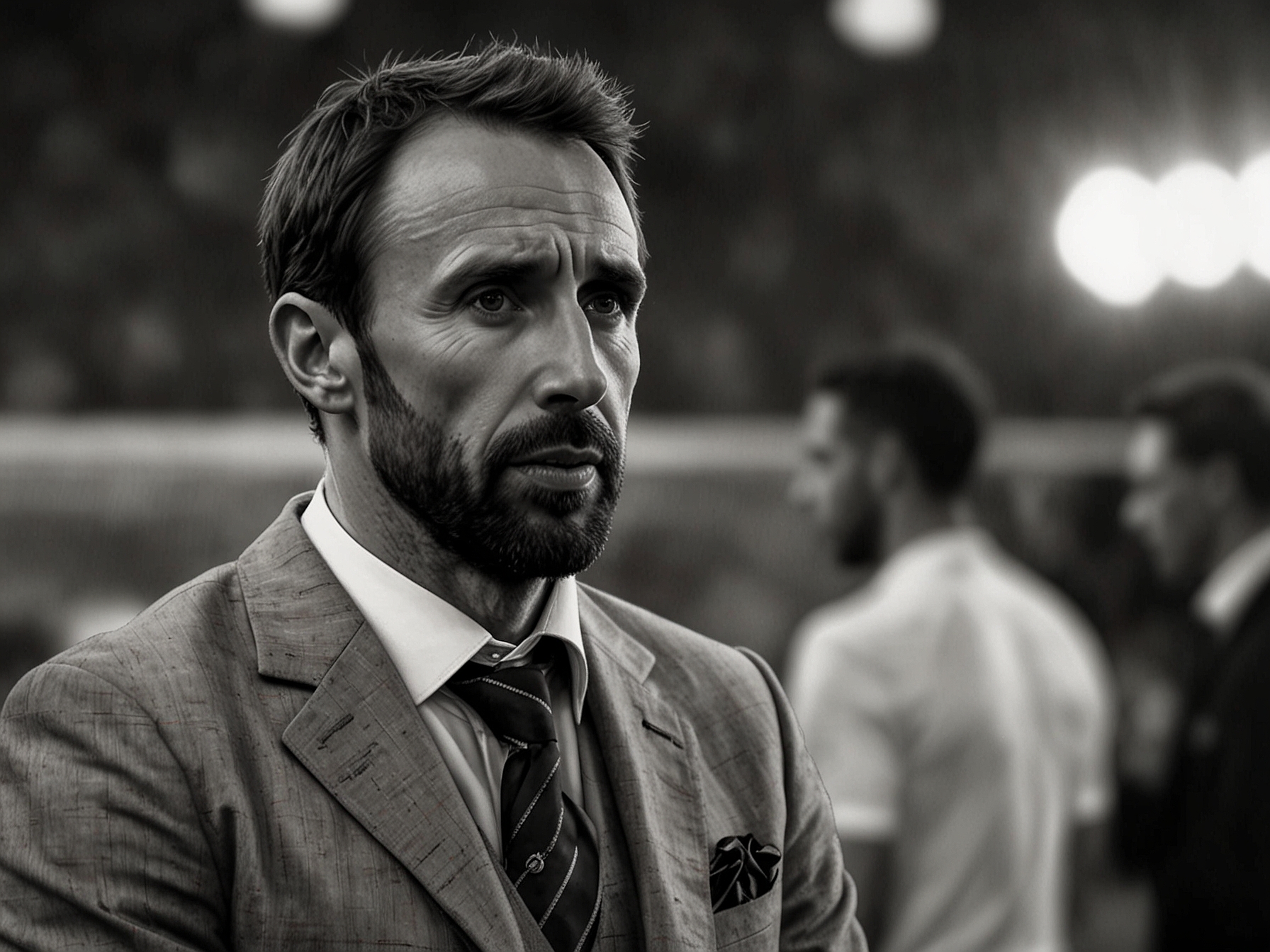 Gareth Southgate during a post-match interview, expressing concerns about the lack of effort and intensity from England players after the disappointing draw against Denmark.