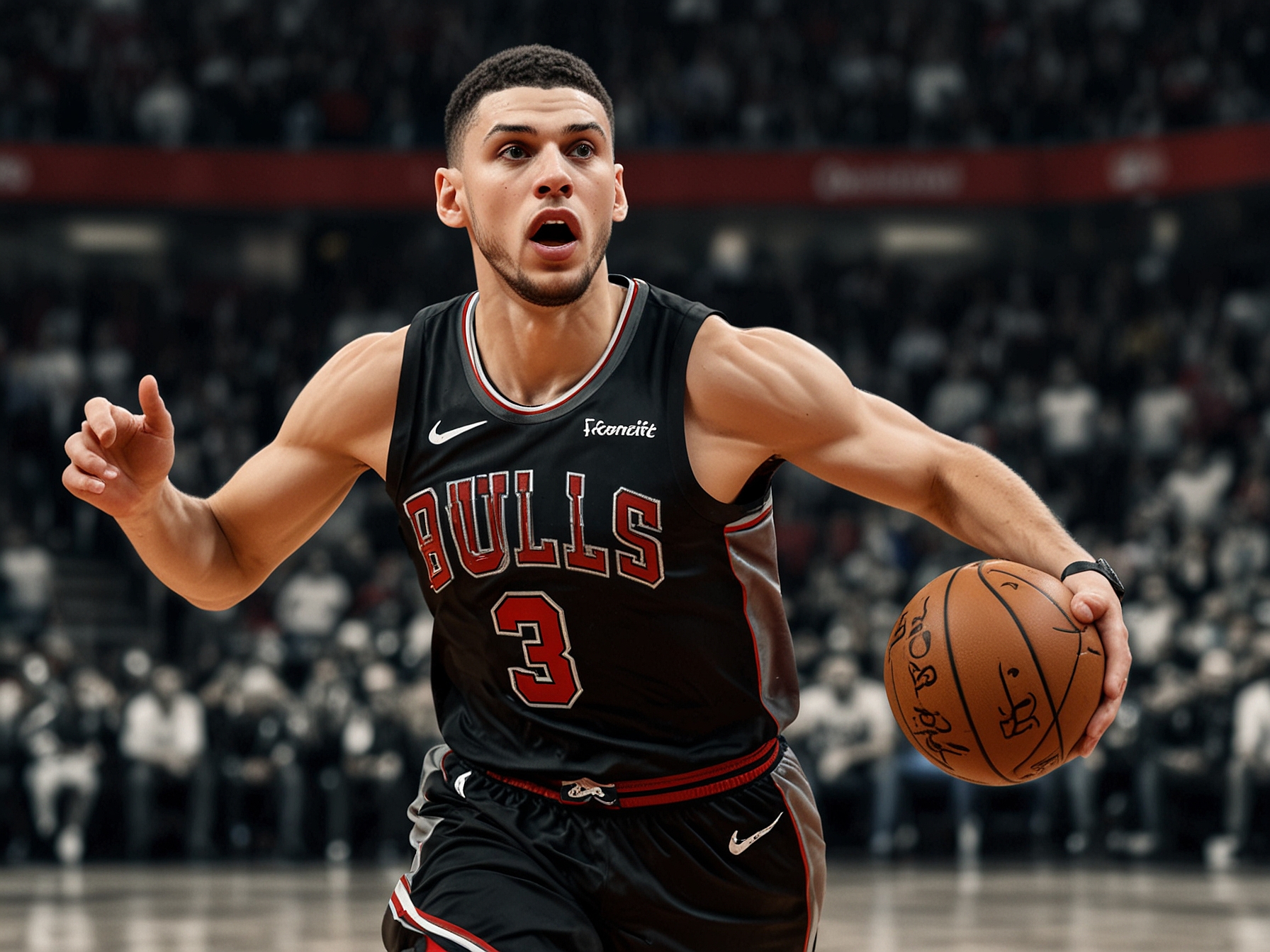 A dynamic action shot of Zach LaVine driving towards the hoop during a Chicago Bulls game, highlighting his explosive scoring ability and athleticism that has caught the interest of the Sacramento Kings.