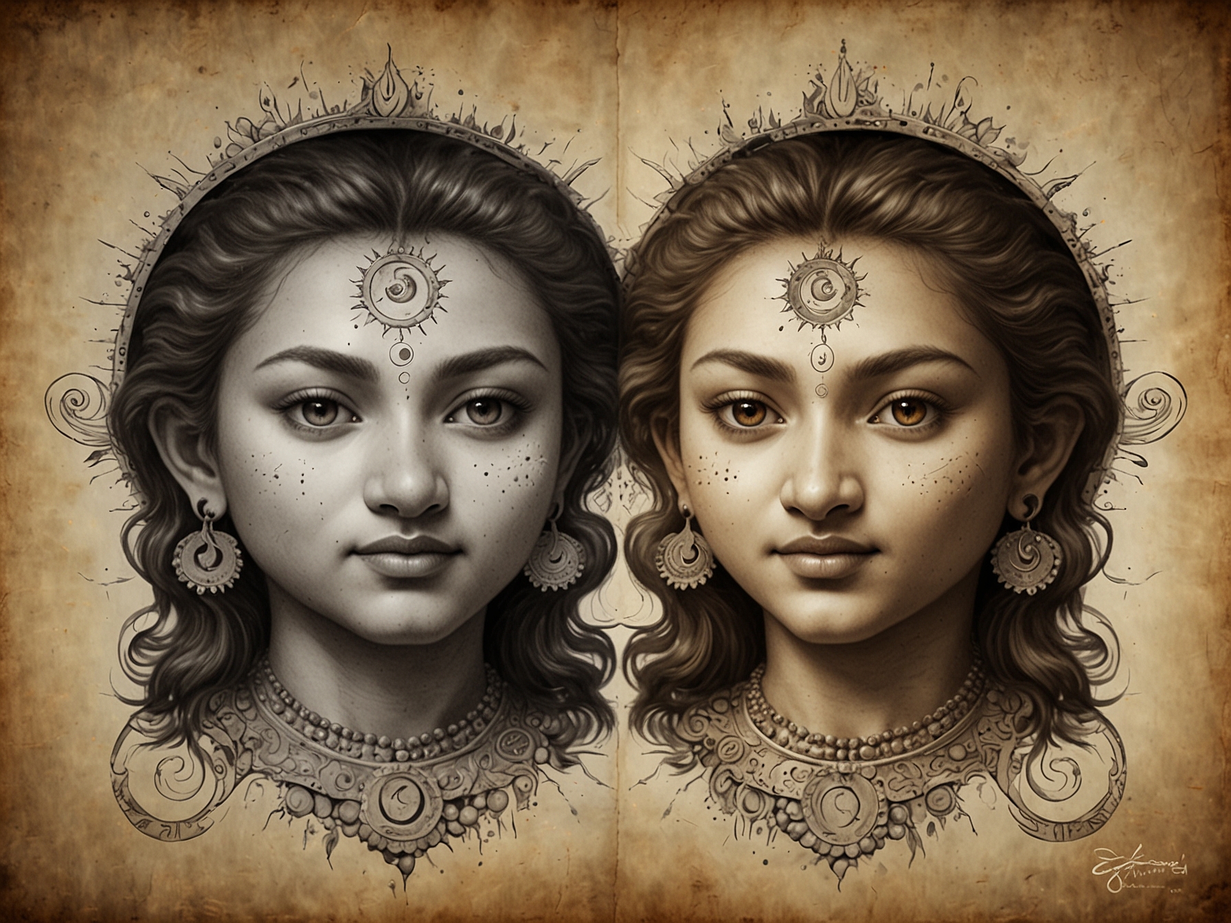A radiant depiction of the Sun (Surya) and Moon (Chandra) with symbolic representations of their astrological significance in shaping an individual's core identity and emotional responses.