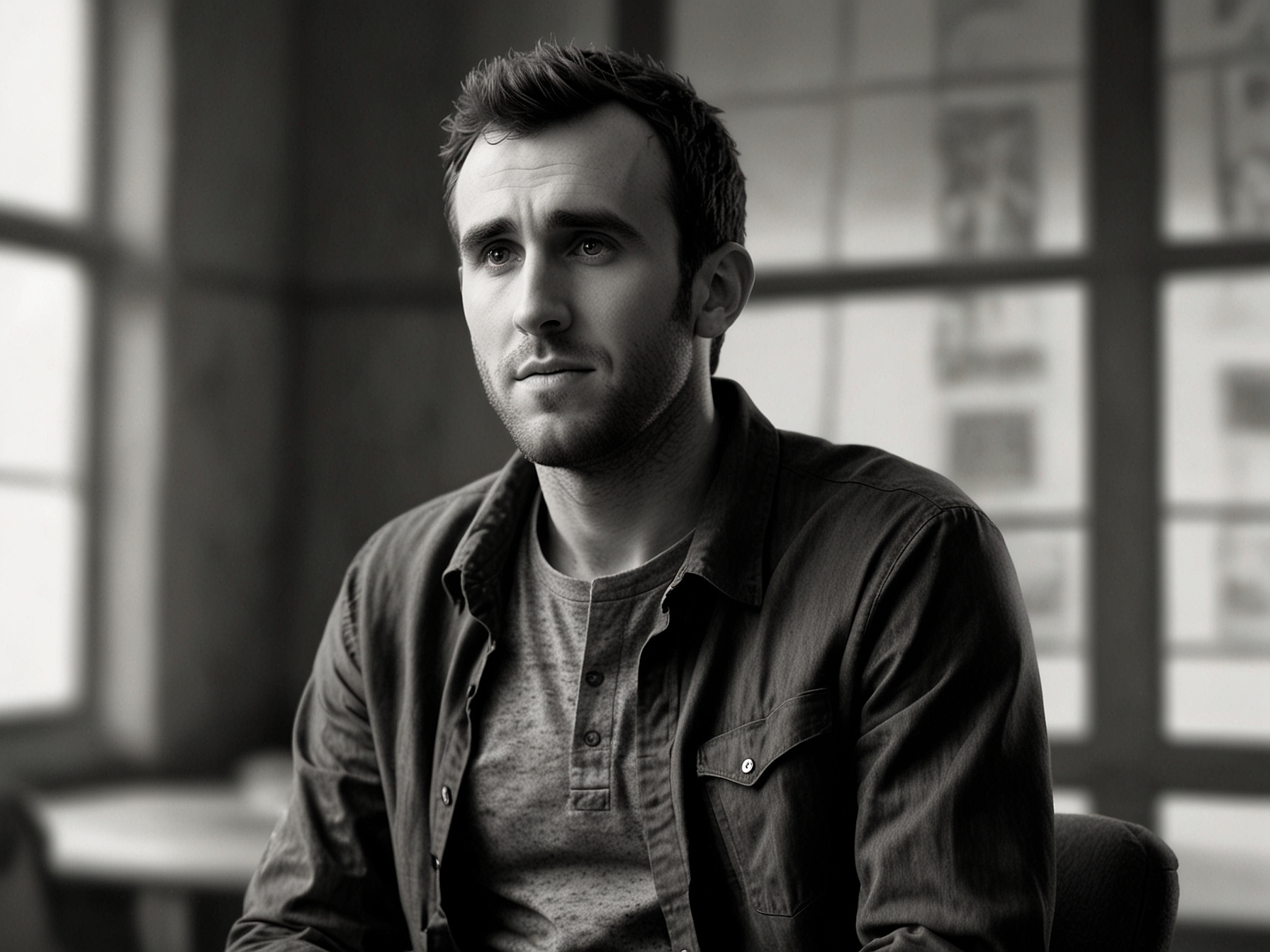 Matthew Lewis in a casual interview setting, discussing his thoughts about returning to the 'Harry Potter' series, illustrating his candid and reflective attitude towards his career choices.