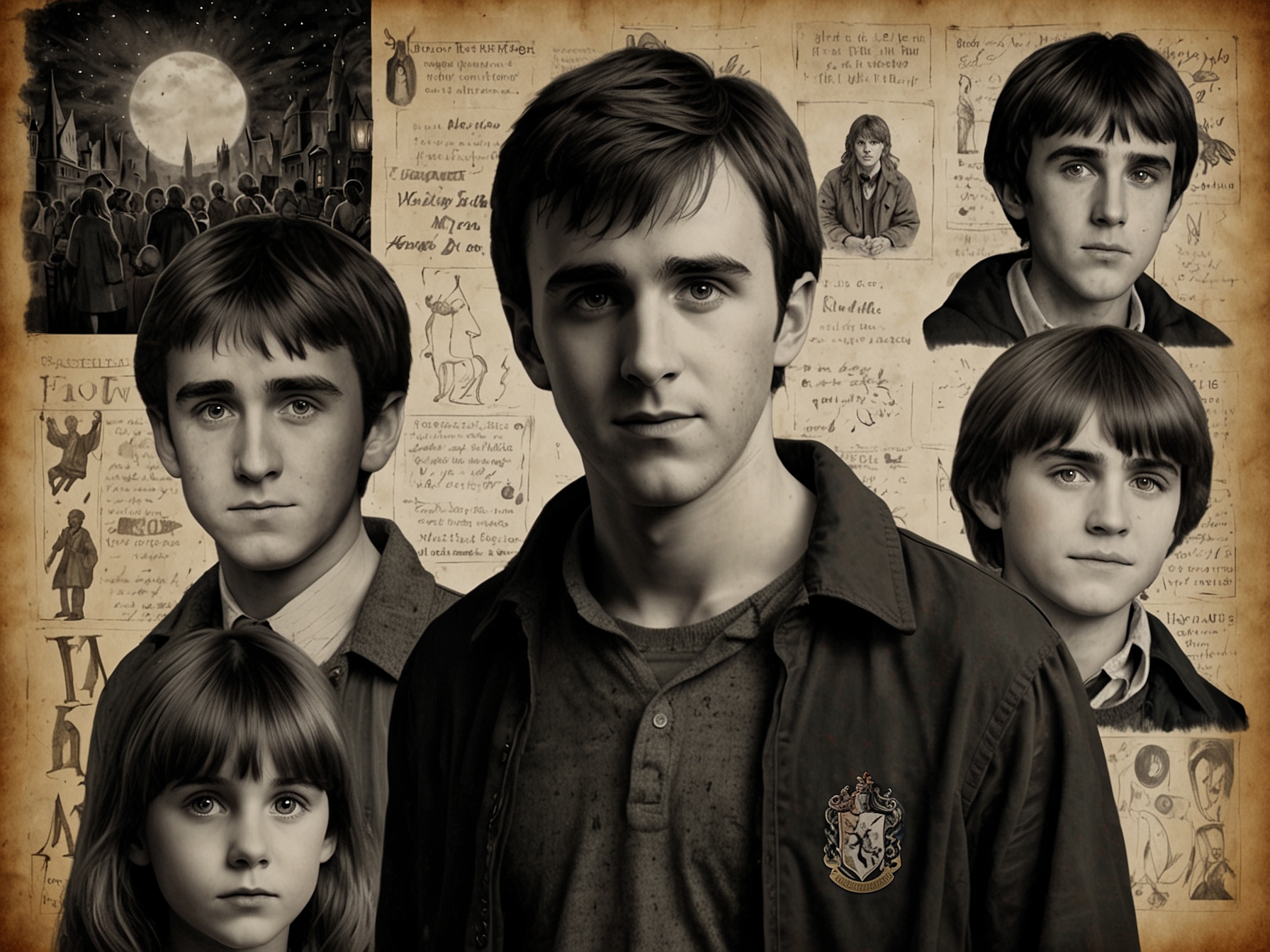 A nostalgic collage of Matthew Lewis as Neville Longbottom through various 'Harry Potter' films, capturing his transformation from a timid child to a courageous hero, emphasizing his impact on fans.