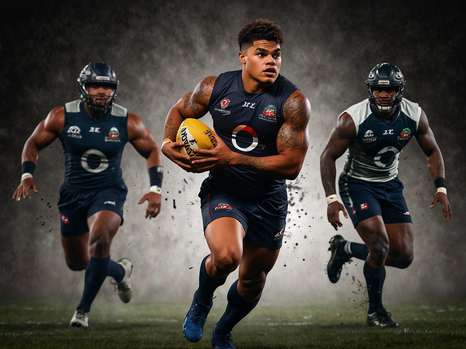 Latrell Mitchell breaks through the defensive line, using his impressive speed and size to outmaneuver multiple defenders, showcasing his ability to create scoring opportunities.
