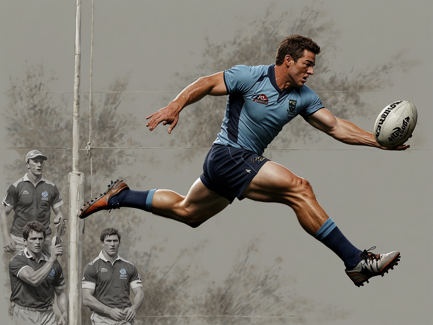 Stephen Crichton leaps high to secure a high ball, demonstrating his exceptional aerial prowess and agility, epitomizing his key role in both attack and defense for the NSW Blues.