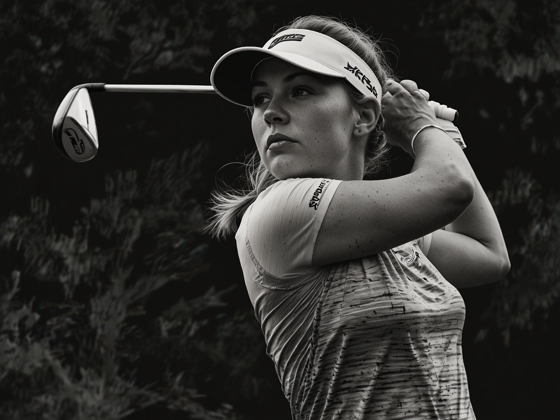 Sarah Schmelzel tees off during the KPMG Women’s PGA Championship, showcasing her impressive form and focus that contributed to her 5-under 67 and current two-shot lead in the event.