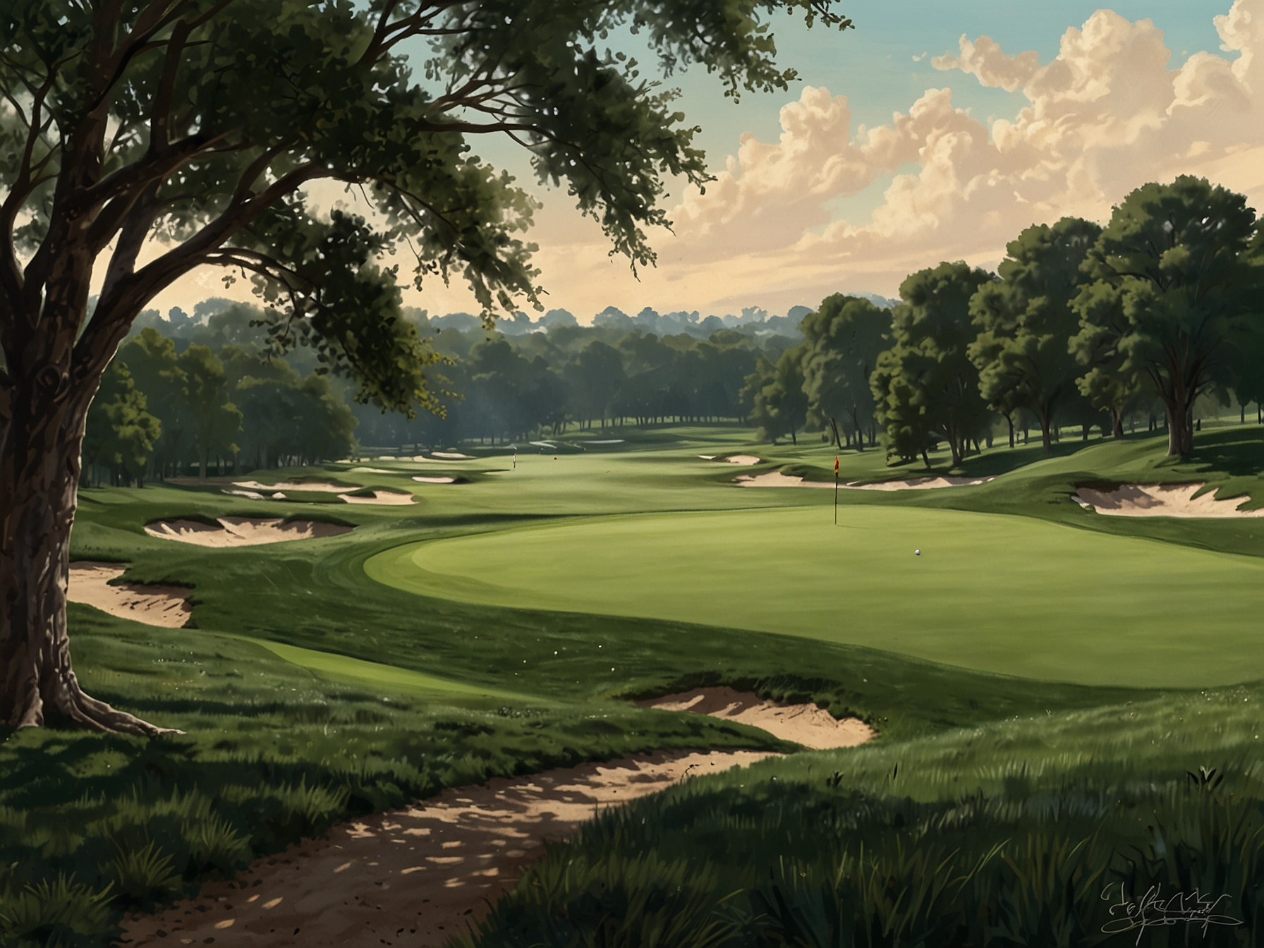 A picturesque view of the challenging fairways and lush greens of the KPMG Women’s PGA Championship course, where Schmelzel's strategic navigation and skillful play have made her a frontrunner.