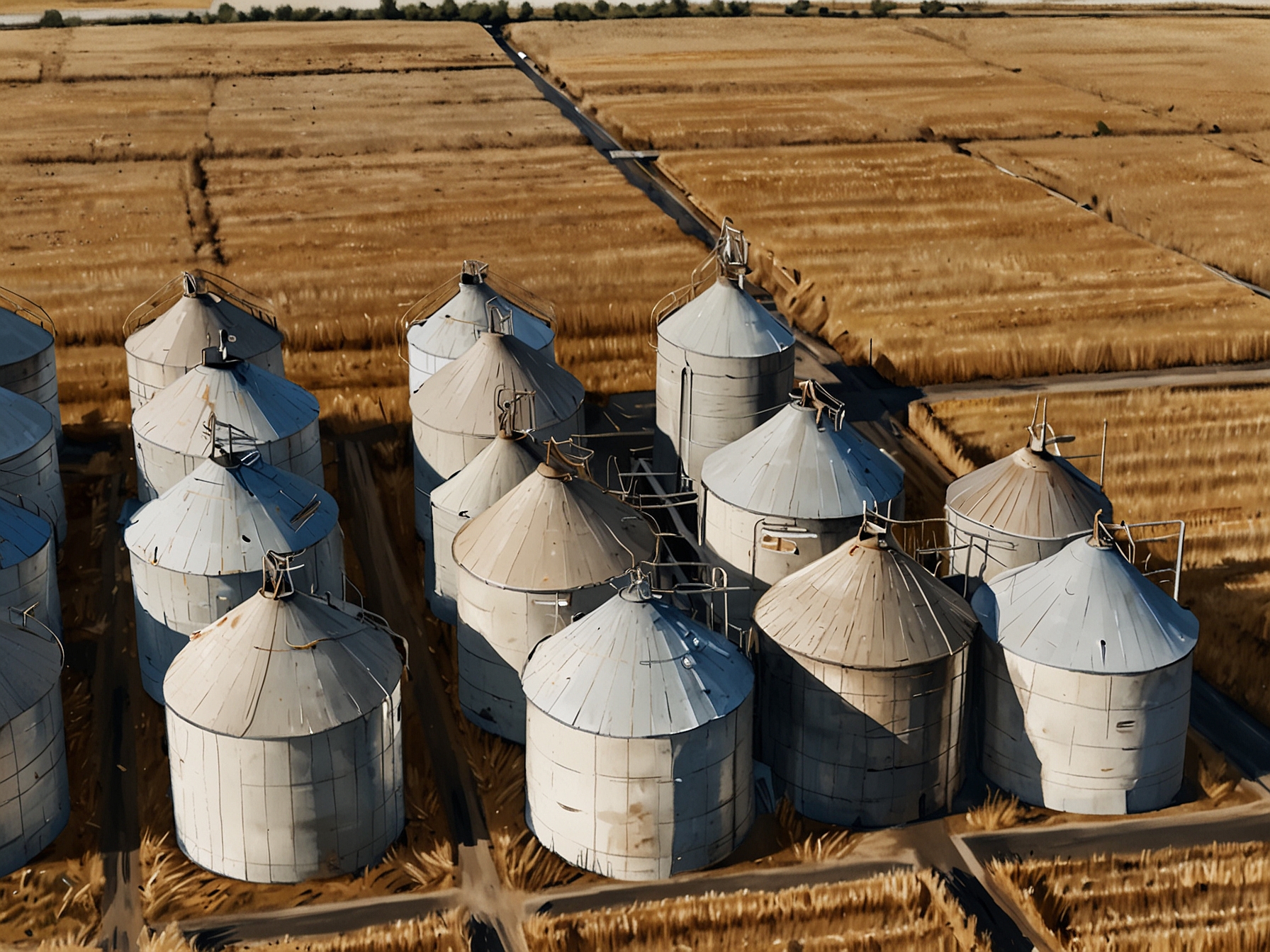Aerial view of overflowing grain silos in Argentina's pampas, symbolizing the country's record harvest and capturing farmers' hope for better economic policies under Milei's leadership.