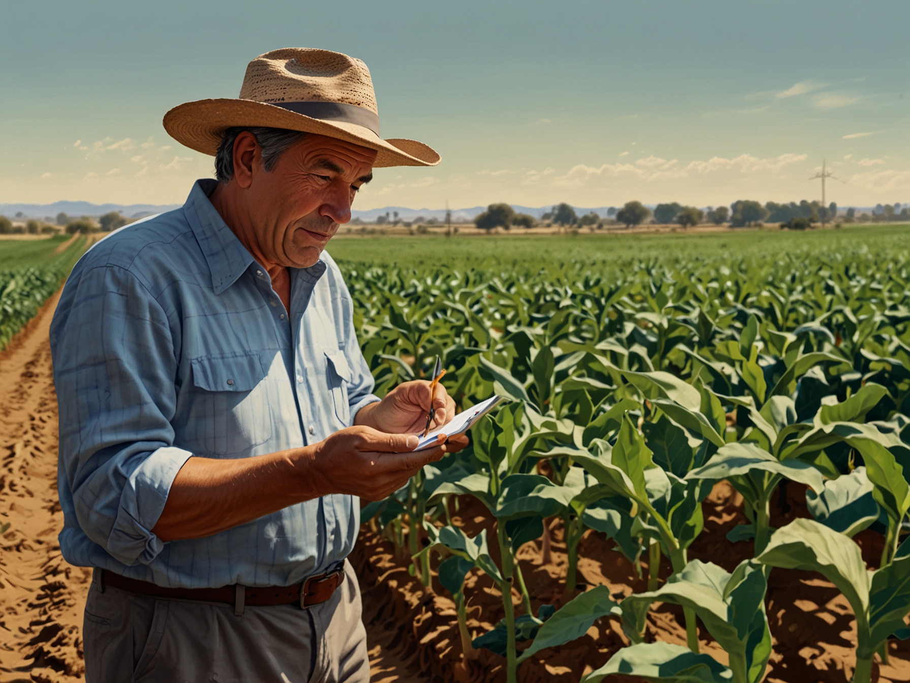 Argentine farmer inspecting his soybean crop, highlighting both the high yield and the anticipation of policy changes promised by Javier Milei to alleviate taxes and economic challenges.