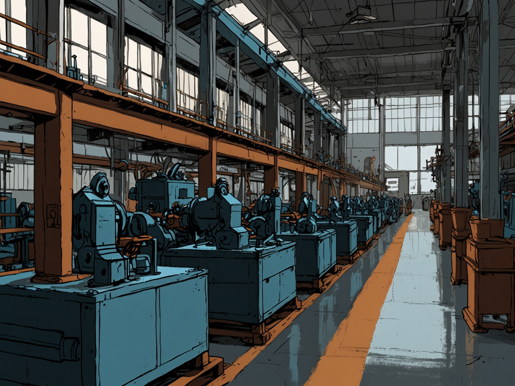 An illustration of a Japanese factory, highlighting a slowing manufacturing sector as the PMI drops in June 2023, reflecting supply chain issues and rising commodity prices.
