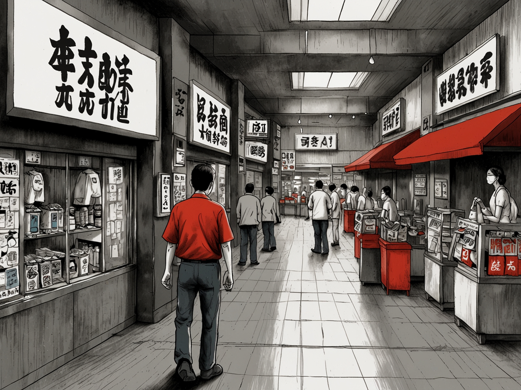 A scene depicting Japan's services sector, showing empty retail stores and hospitality venues suffering from pandemic-related restrictions, causing a continued contraction in June.