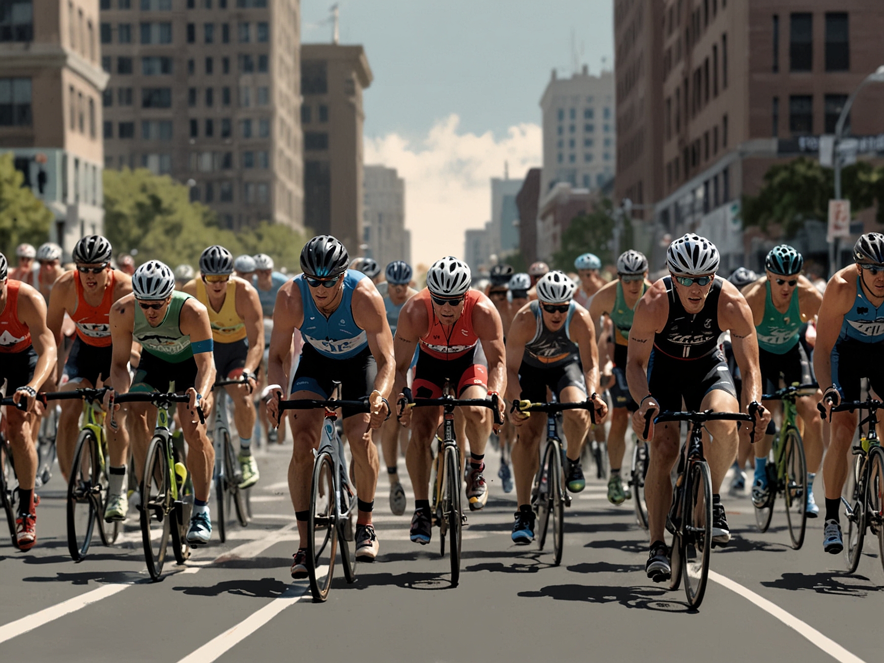 Athletes competing in supertri's new North American events, set against the iconic backdrops of Boston and Chicago. Spectators marvel at the intense, fan-friendly one-mile courses designed to test endurance and strategy.